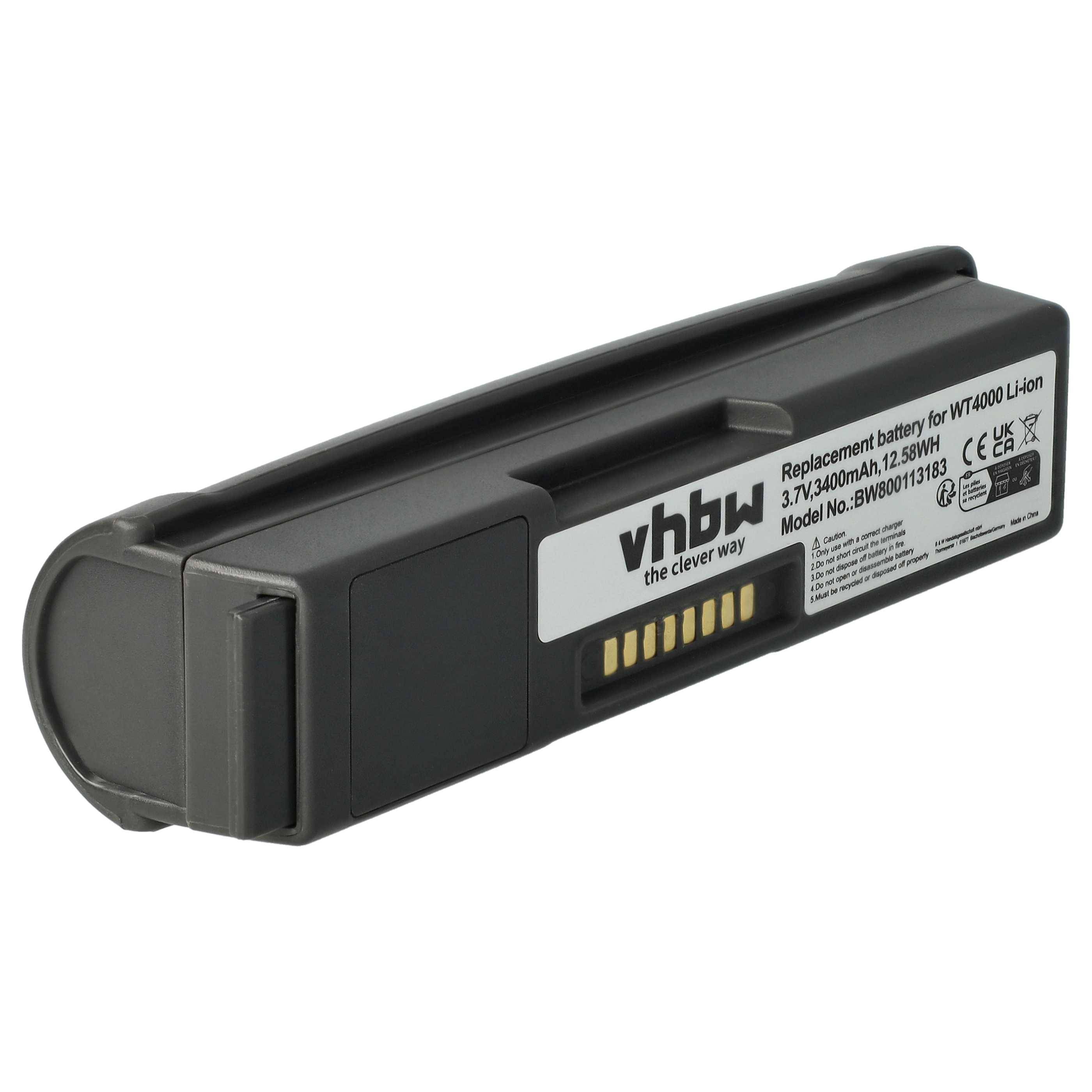 Eine schwarze vhbw Ersatzbatterie, gekennzeichnet für WT4000, mit sichtbarer Modellnummer und Spezifikationen, einschließlich 3,7V und 3600mAh Kapazität.