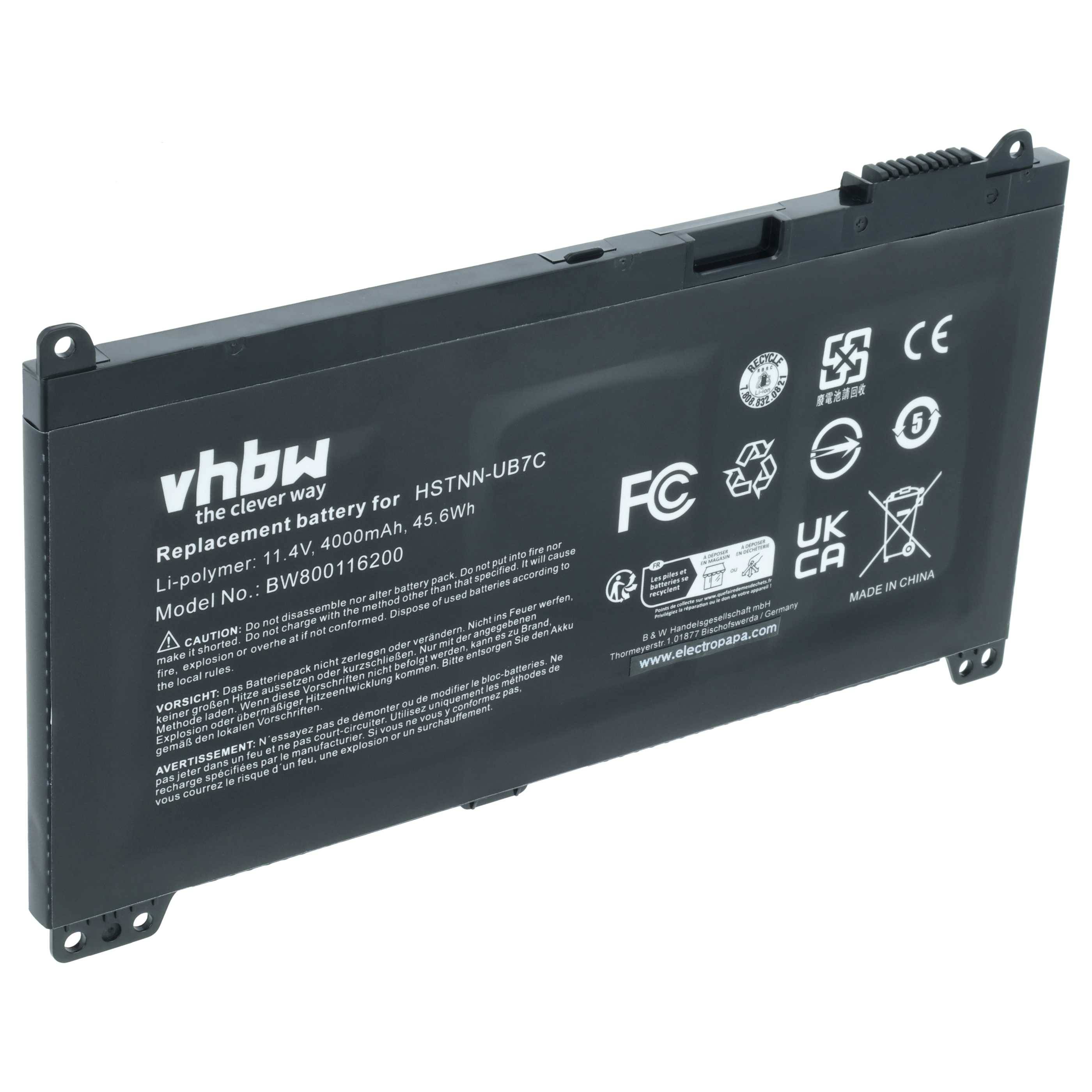 Laptop-Akku; 'vhbw Ersatzakku für HSTNN-UB7C', Li-Polymer, 11,4V, 4000mAh, 45,6Wh, schwarzes Gehäuse, Produktkennzeichnungen sichtbar.