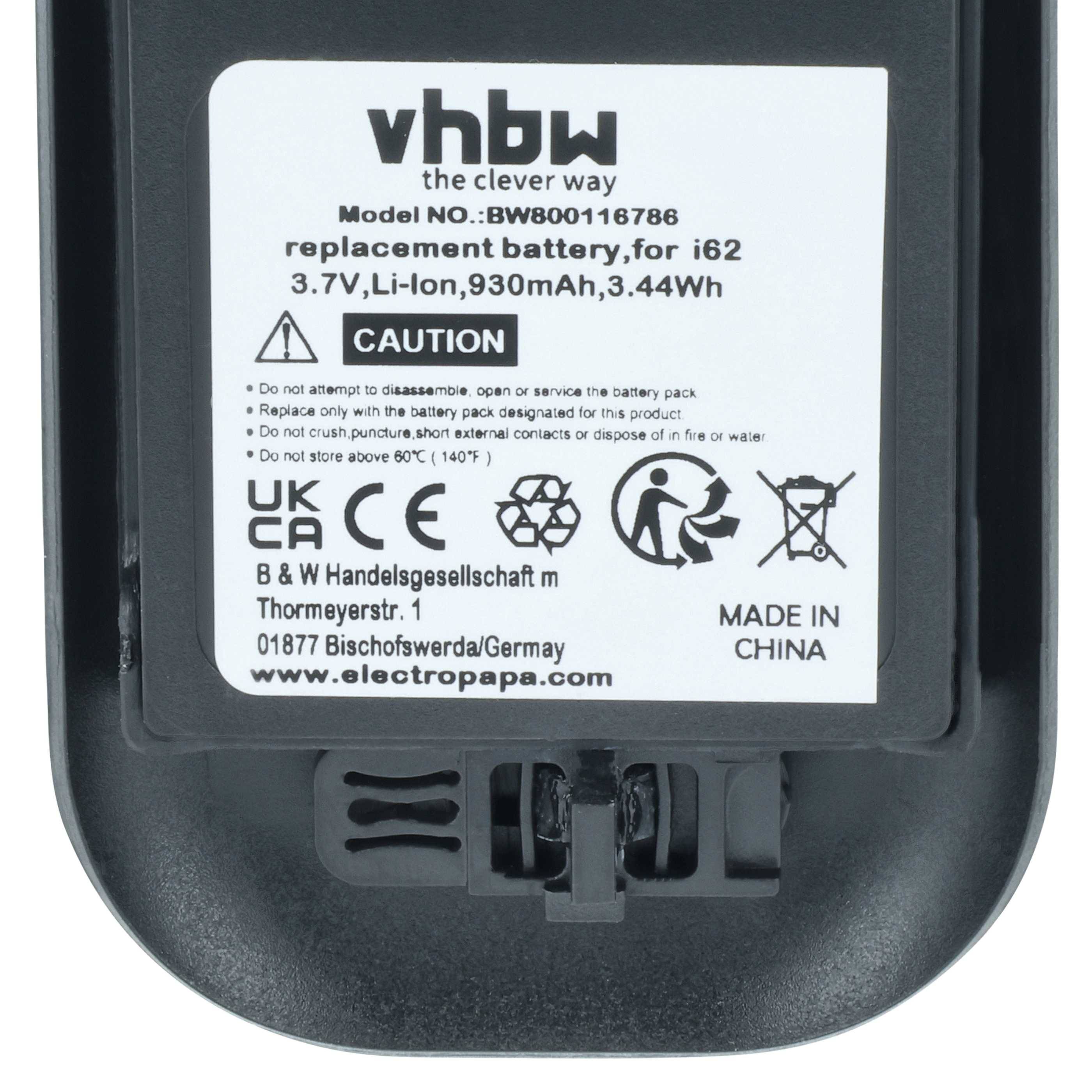 Ein Ersatzakku mit Etiketten, einschließlich 'vhbw', Spezifikationen (3,7V, Li-Ion, 930mAh, 3,44Wh) und Sicherheitshinweisen. Hergestellt in China.