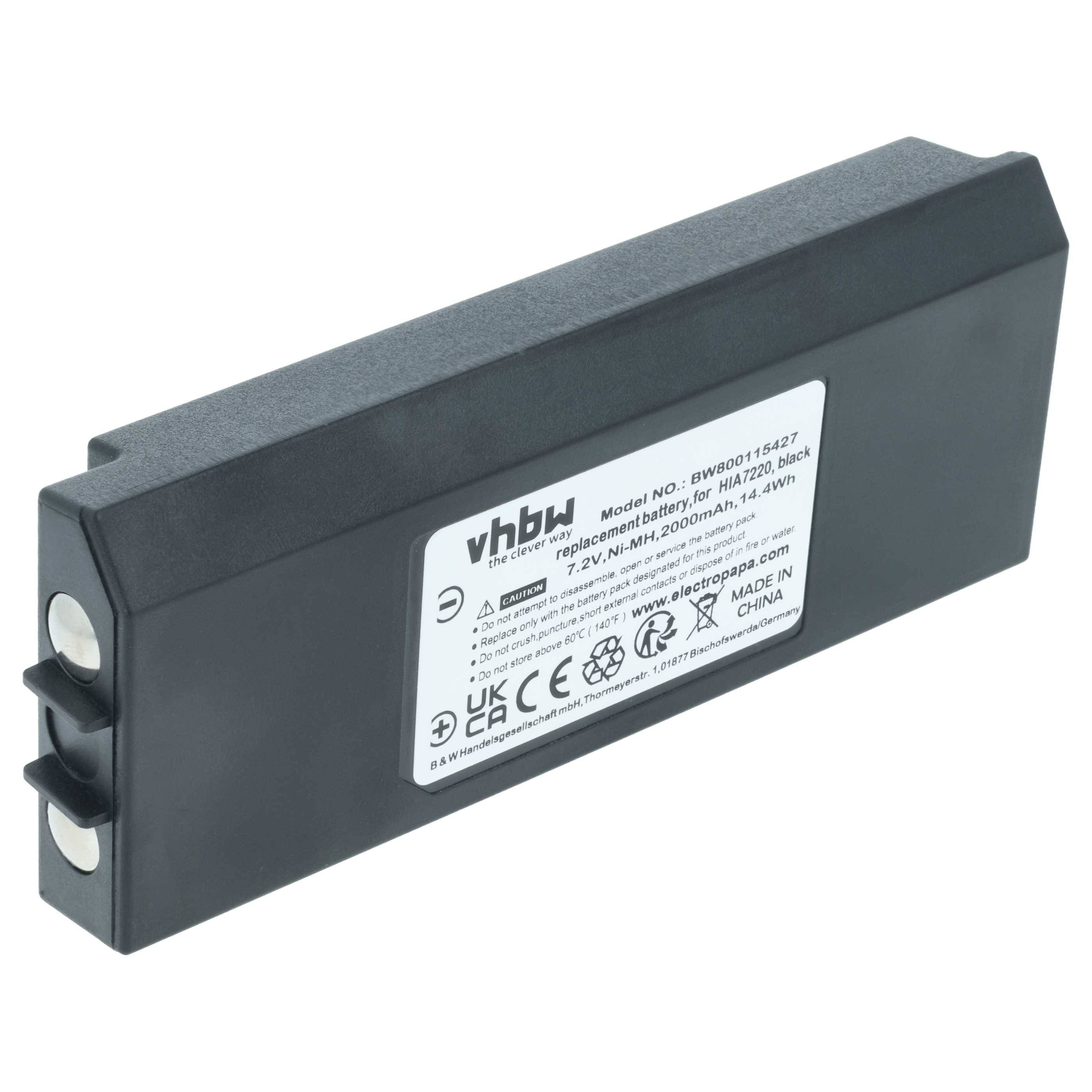 Eine schwarze rechteckige Batterie mit einem Etikett mit der Aufschrift 'vhbw', Modell BW800114637, 14,8V, 2500mAh, 37Wh, die Spannungs- und Kapazitätsdetails zeigt.