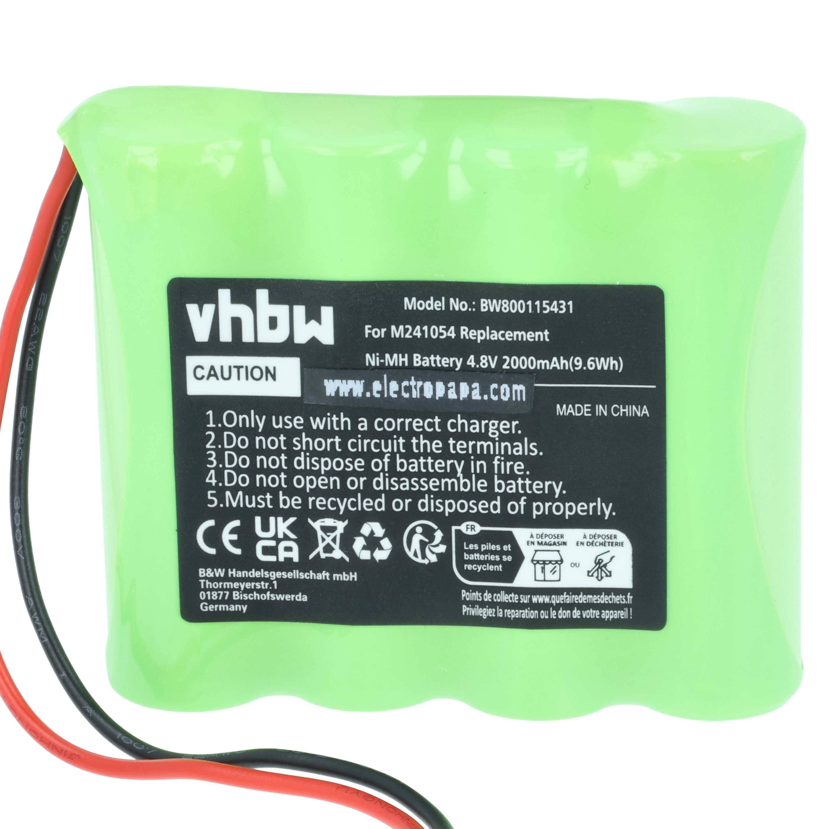 Grünes aufladbares Akkupack mit der Aufschrift 'vhbw', 4,8V, 2000mAh, inklusive Sicherheitshinweisen. Geeignet als Ersatz für M241054.