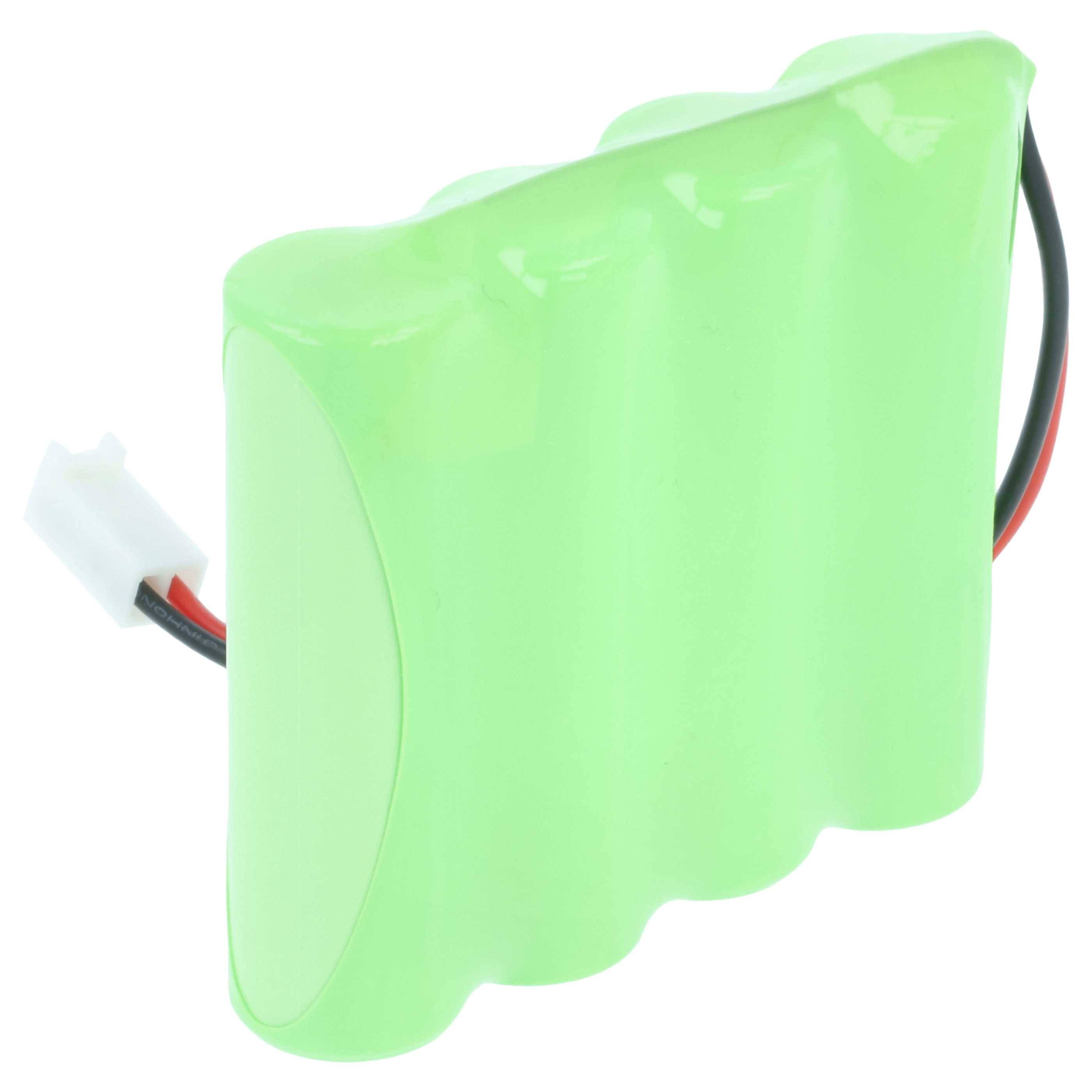 Ein grüner wiederaufladbarer Akkupack mit vier Zellen, ausgestattet mit einem schwarzen und roten Kabel und einem weißen Anschluss, der häufig in der Elektronik verwendet wird.