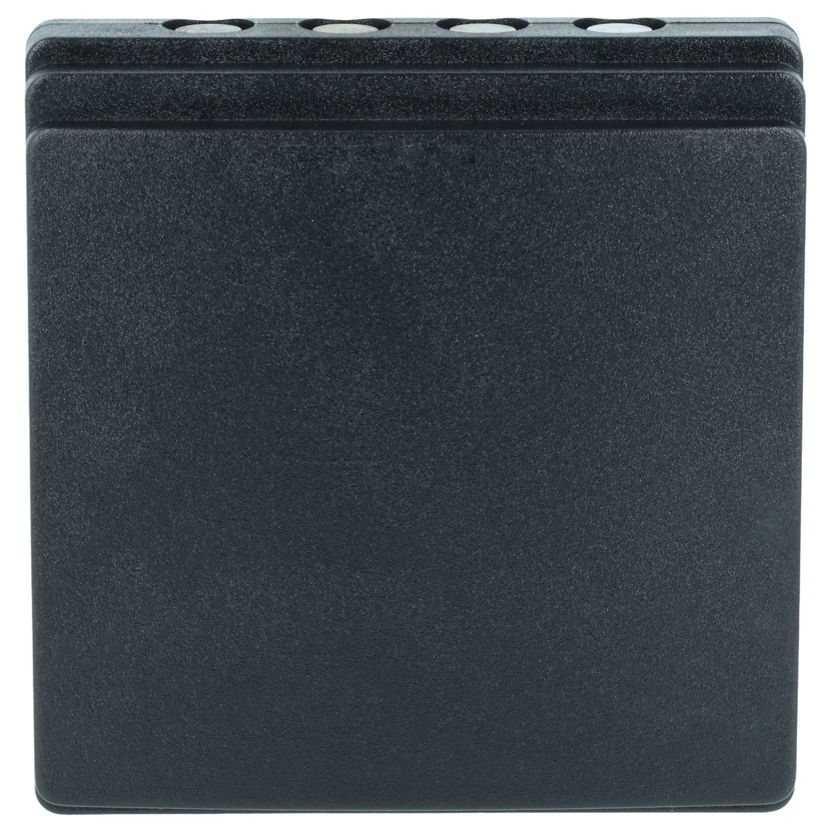 Ein schwarzes quadratisches Objekt mit vier abgerundeten Tasten oben, möglicherweise ein Etui oder eine Compact-Hülle.