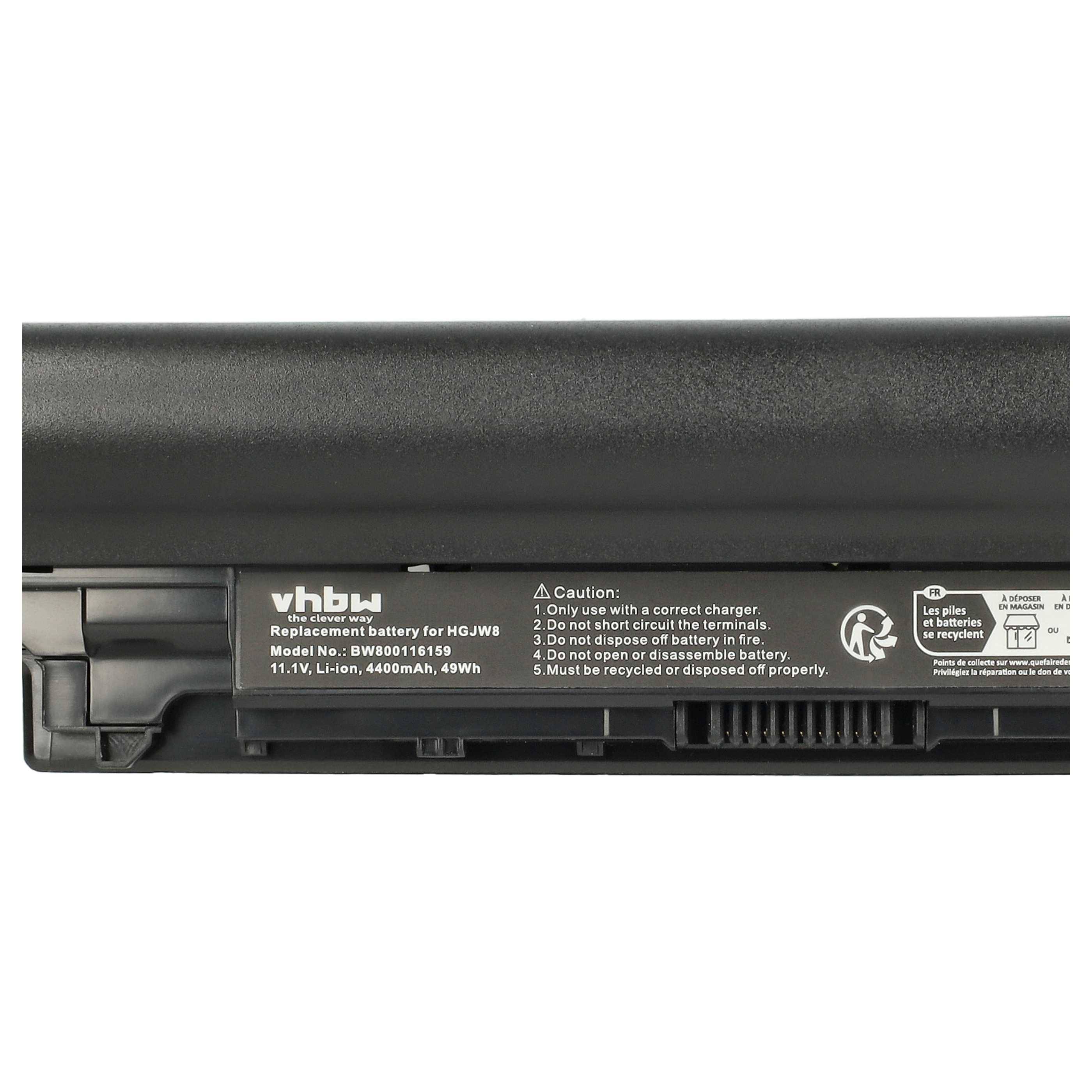 Nahaufnahme eines Laptop-Akkuaufklebers mit Angaben zum vhbw-Ersatzakku, Spannung und Kapazität, mit Sicherheitswarnungen und Recycling-Symbolen.