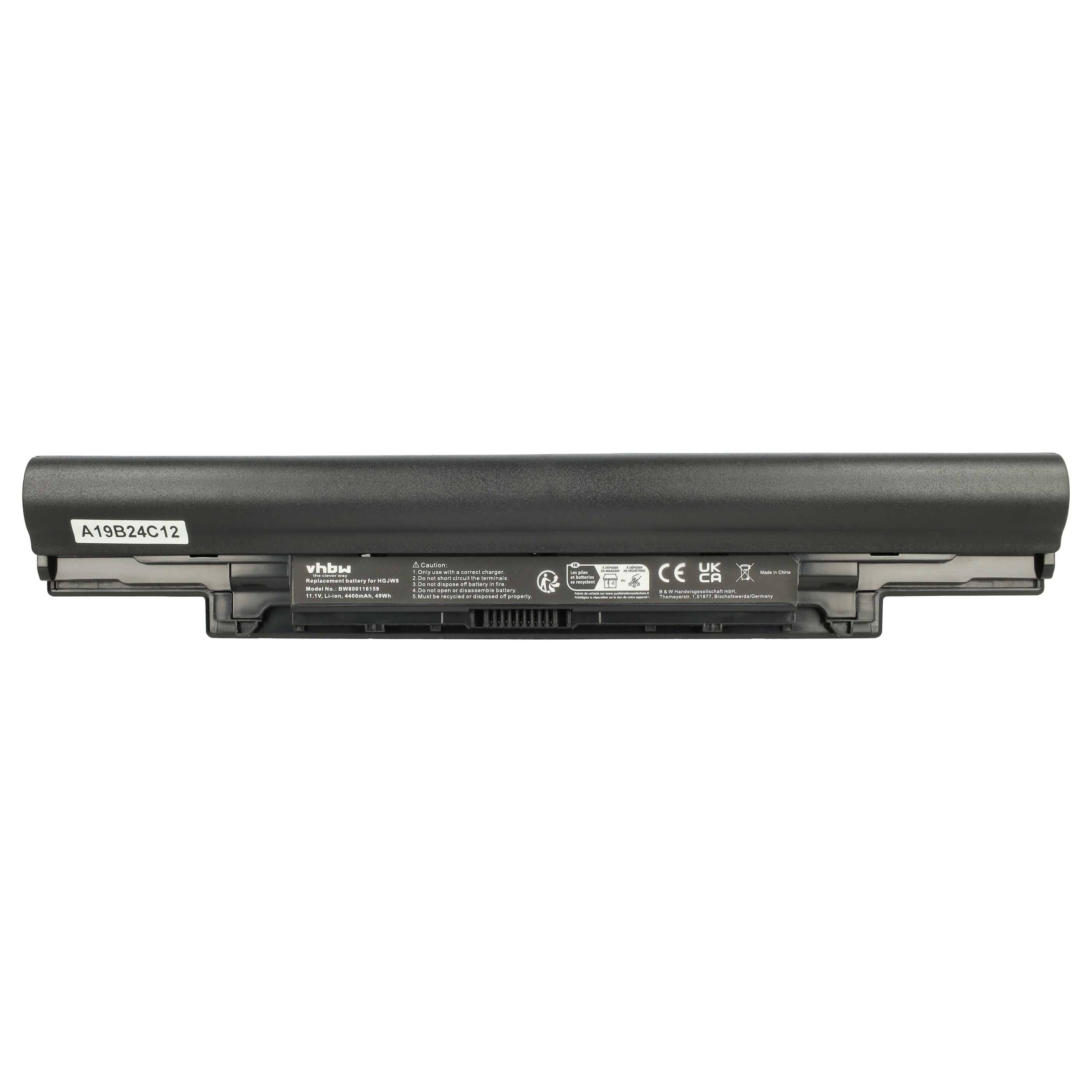 Schwarzer Laptop-Akku auf weißem Hintergrund dargestellt, mit sichtbarem Etikett und Kontaktterminals.