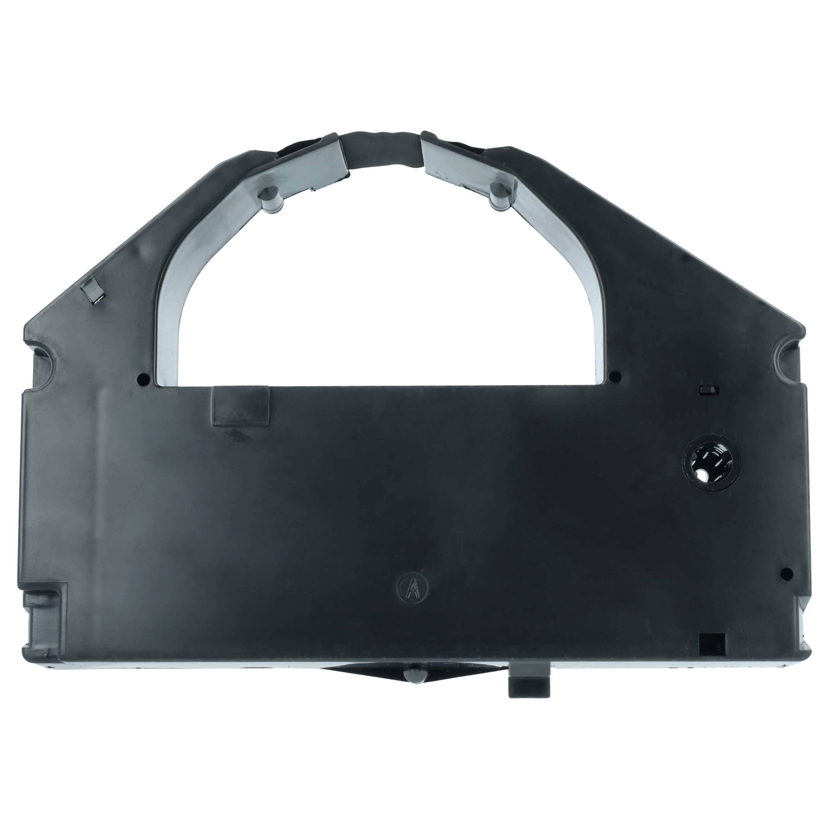 Schwarze Druckerbandkassette, rechteckige Form, mit zwei Öffnungen in der Mitte oben und an der rechten Seite, konzipiert für Nadeldrucker.