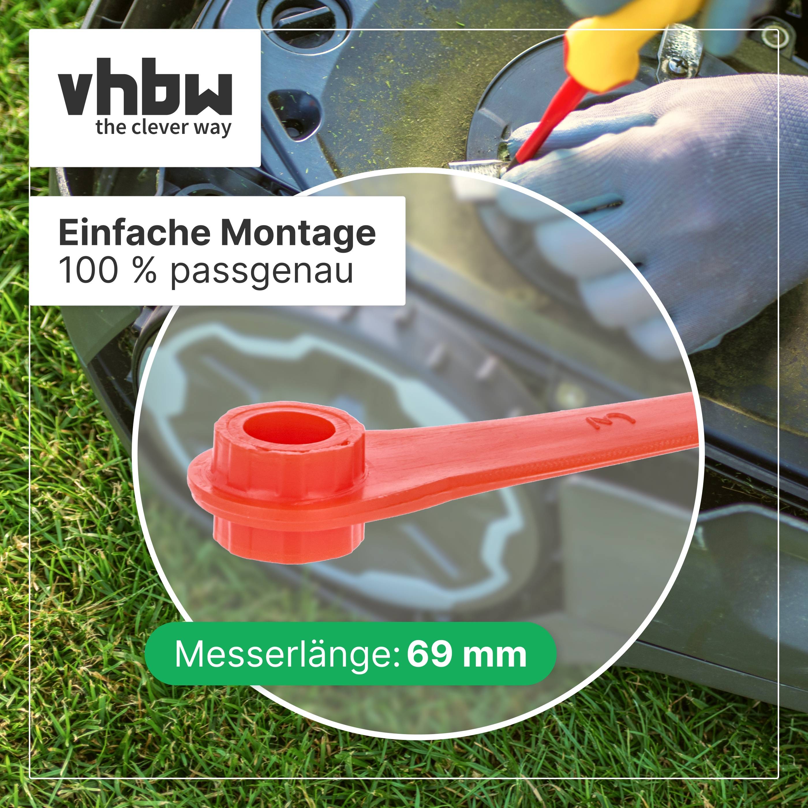 vhbw Produktanzeige zeigt ein rotes Mähermesser/Aufsatz, das installiert wird; Text sagt „Einfache Montage, 100 % passgenau