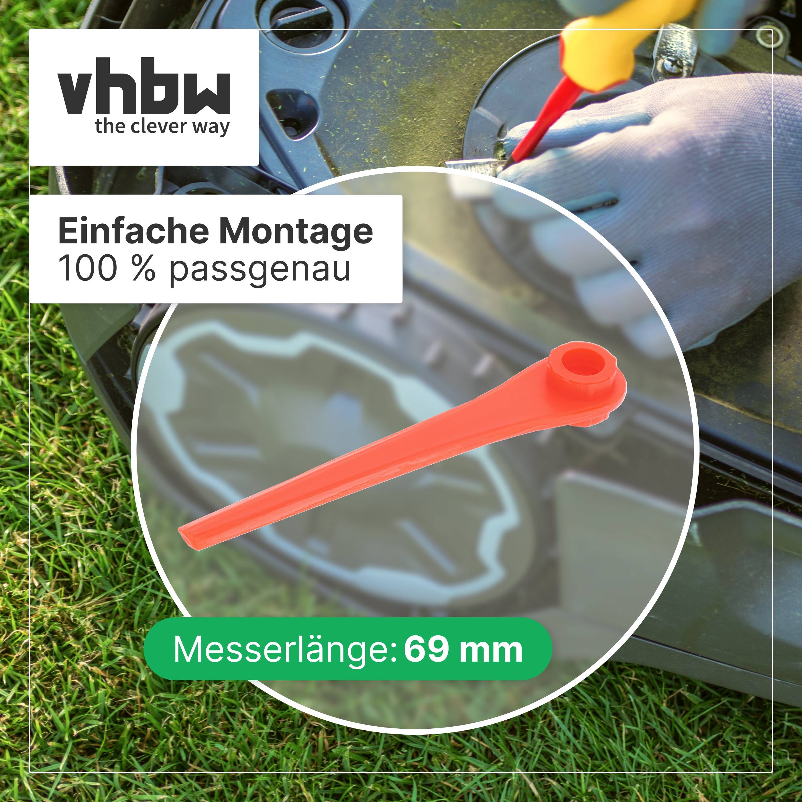vhbw Anzeige, die einfache Installation und 100% Passform für ein 69-mm-Rasenmähermesser zeigt, mit einer Nahaufnahme einer Hand, die ein Werkzeug an einer Rasenpflegemaschine verwendet.