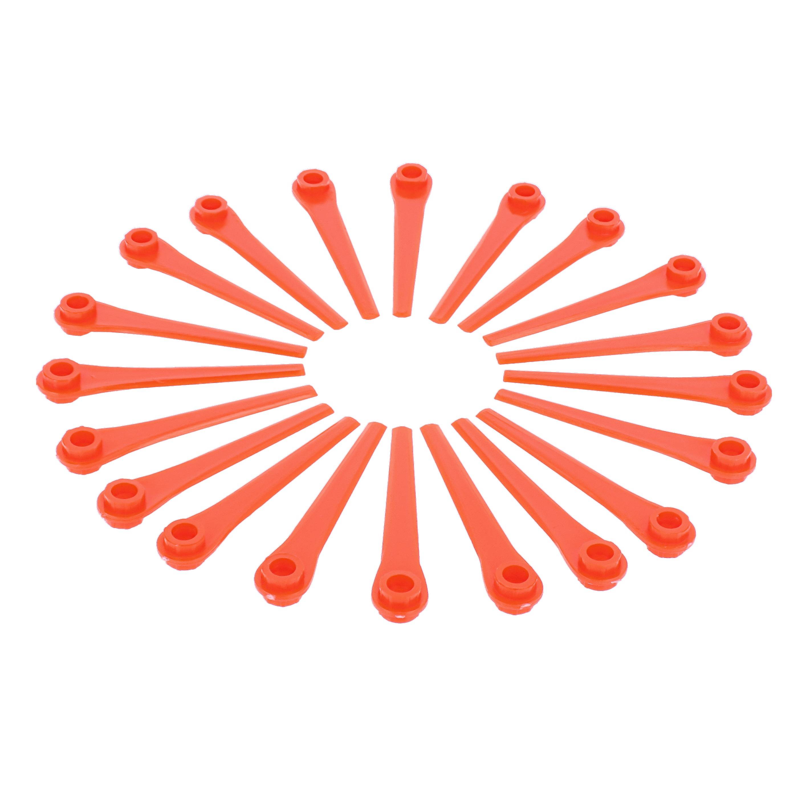 Orange Kunststoffkabelbinder in einem kreisförmigen Strahlenmuster auf weißem Hintergrund angeordnet.