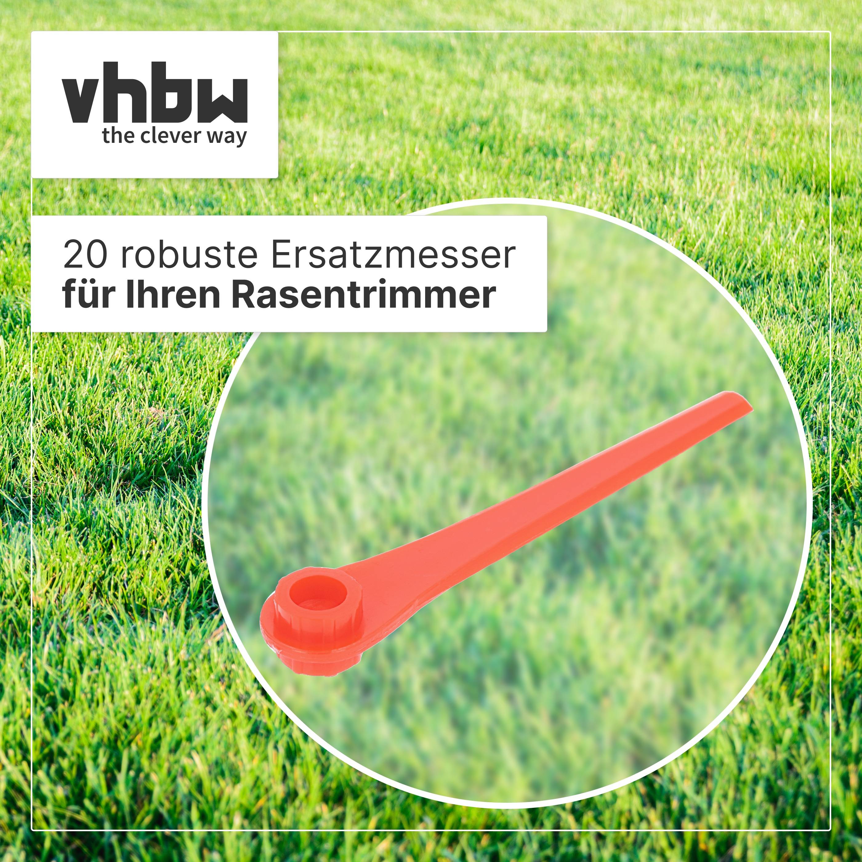 Werbebild für vhbw mit 20 robusten Ersatzmessern für Rasentrimmer, mit einem roten Messer vor einem Grasgrünhintergrund.