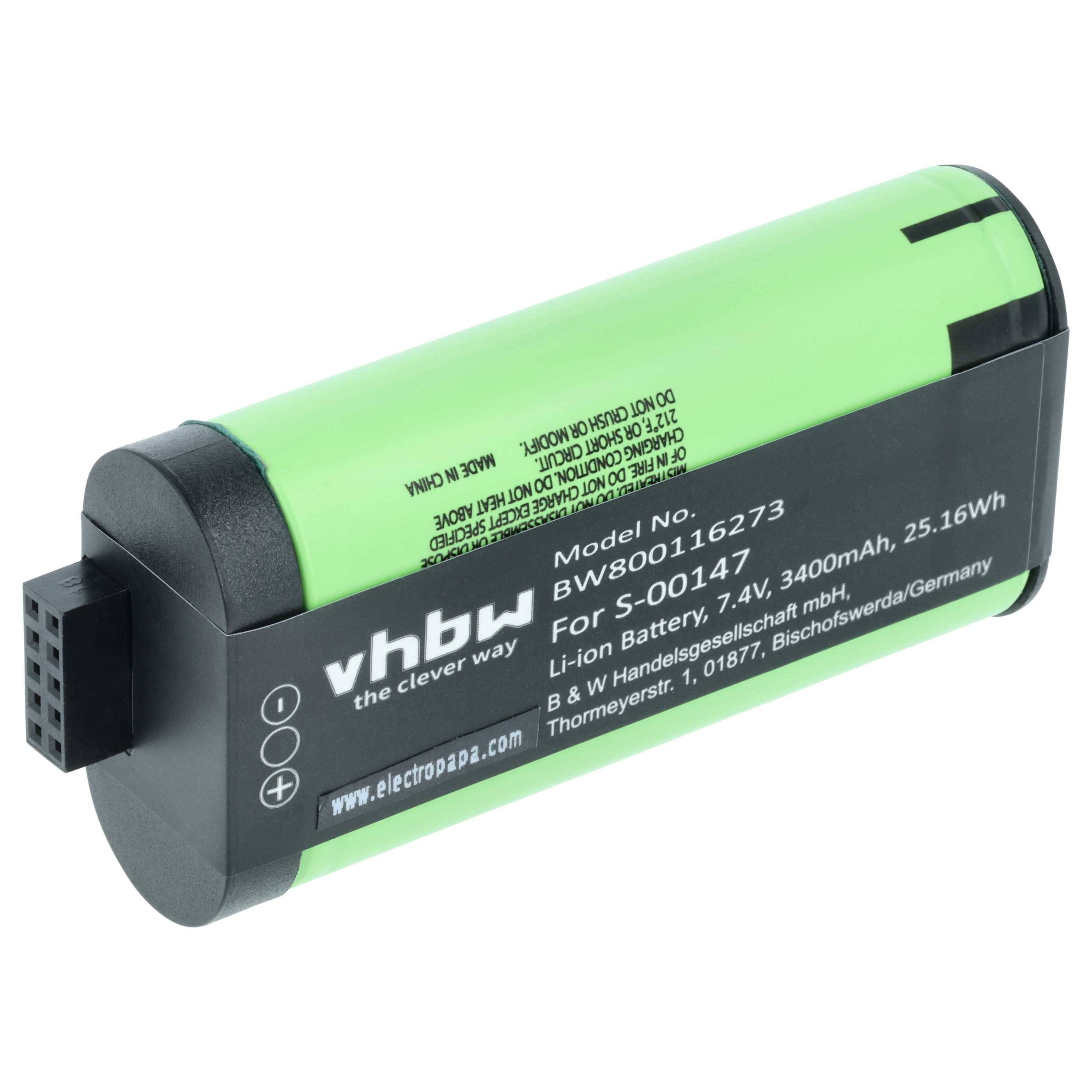 Grüne Li-Ionen-Batterie mit Beschriftung „vhbw, Modellnummer BW800116273, für S-00147V, 3400mAh, 25,16Wh