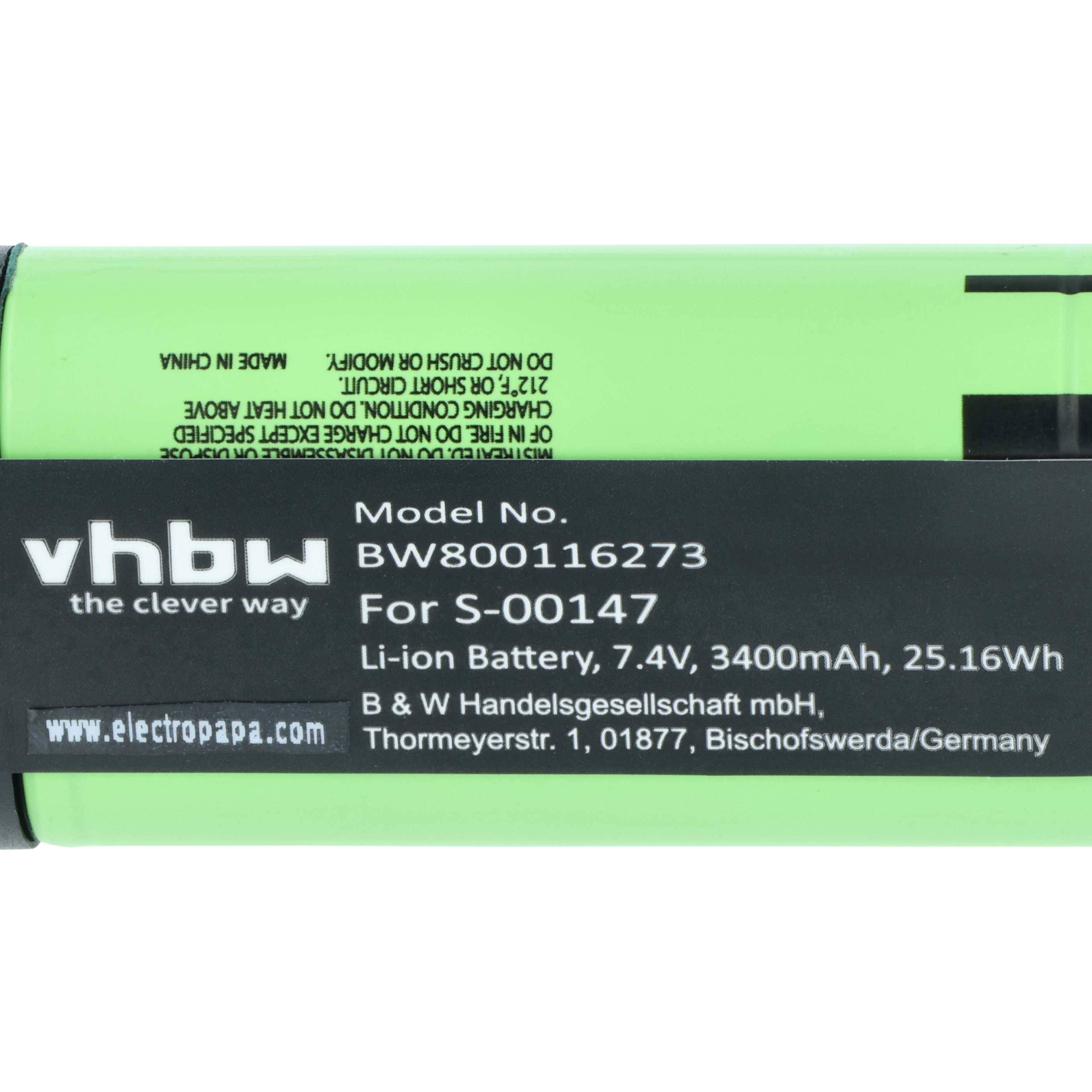 Das Bild zeigt einen grünen Lithium-Ionen-Akku mit der Bezeichnung „vhbw the clever way