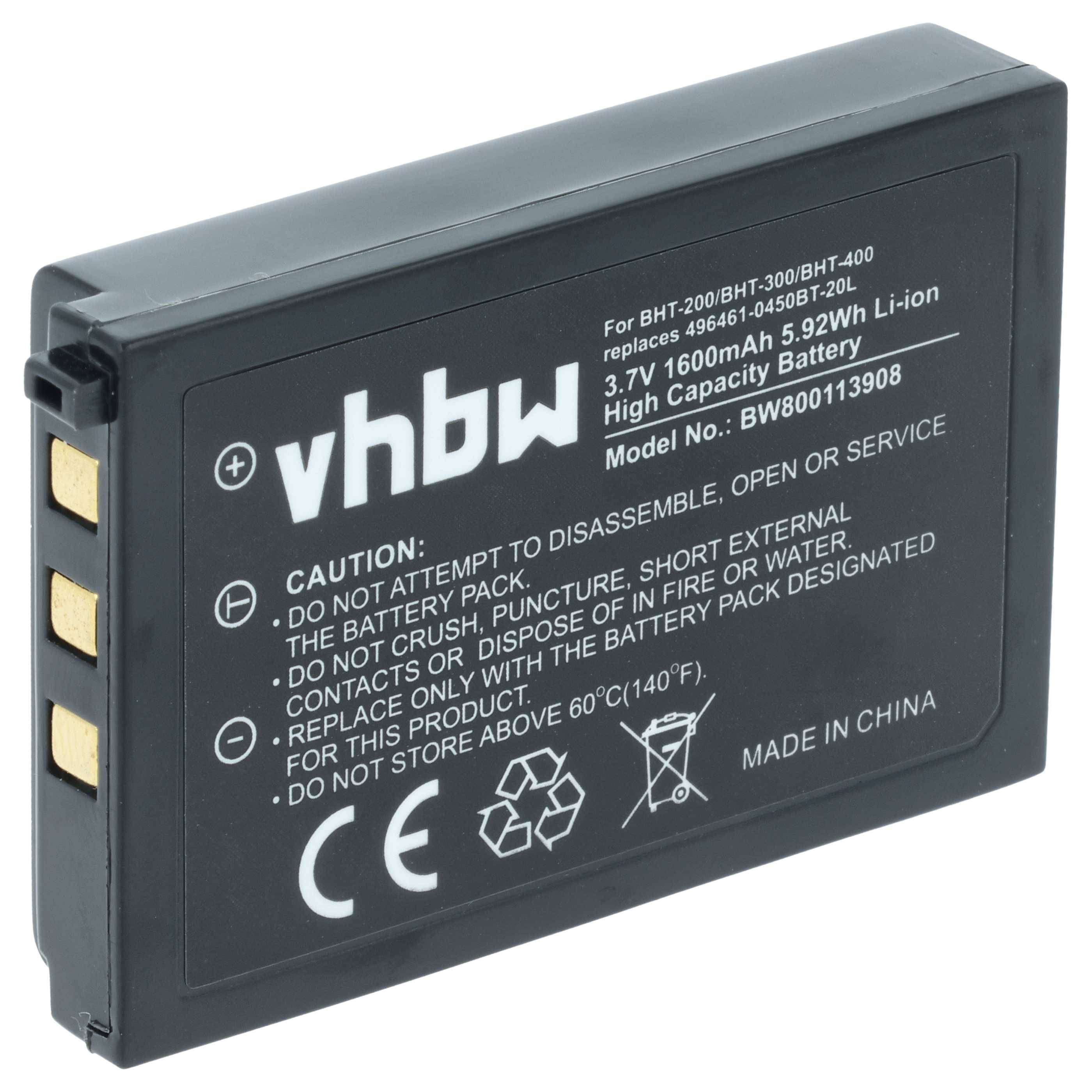 Eine rechteckige schwarze Lithium-Ionen-Batterie mit goldenen Anschlüssen an einer Seite, auf der Spezifikationen und Sicherheitswarnungen in weißer Schrift aufgedruckt sind.