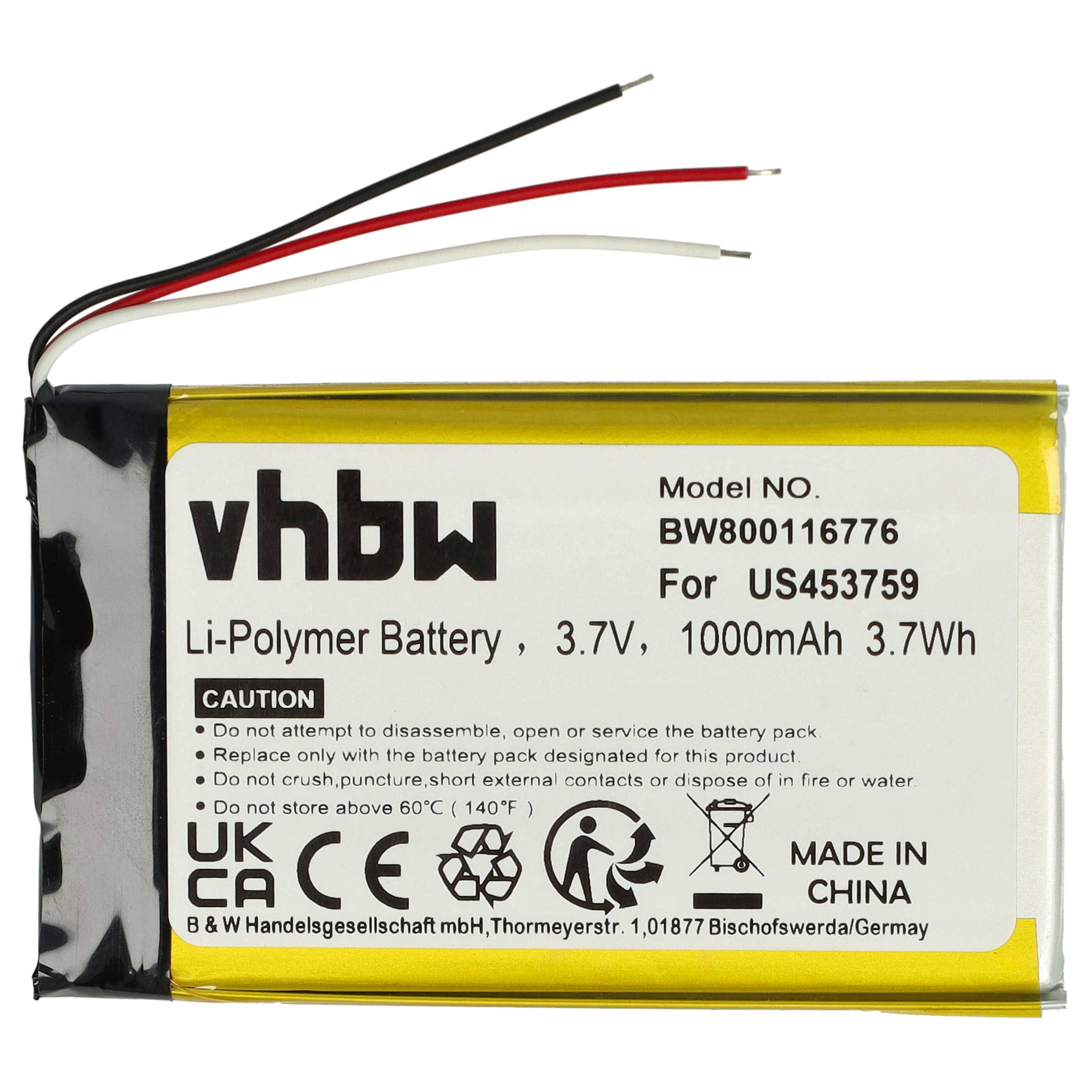 Li-Polymer-Akku, 3,7V, 1000mAh mit Verkabelung und Warnschild nicht auseinandernehmen oder ins Feuer werfen. Modell 'BW800116776'.