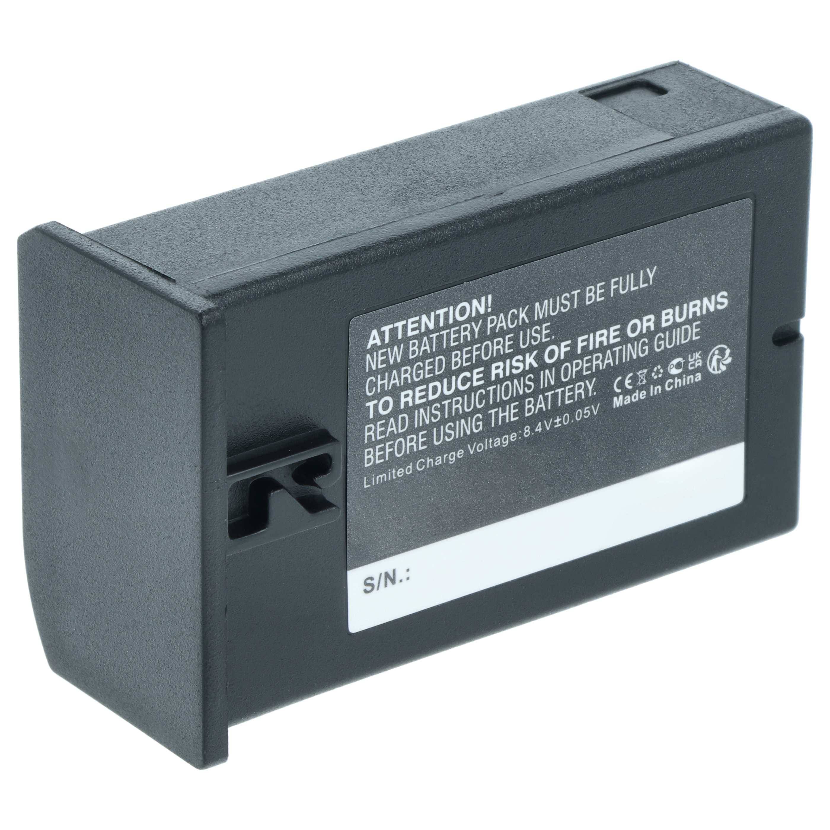 Schwarze Batterie mit Warnhinweis: Neue Batterie muss vor Gebrauch aufgeladen werden, um Feuer oder Verbrennungen zu vermeiden. Begrenzte Ladespannung: 8,4V, 0,05V.