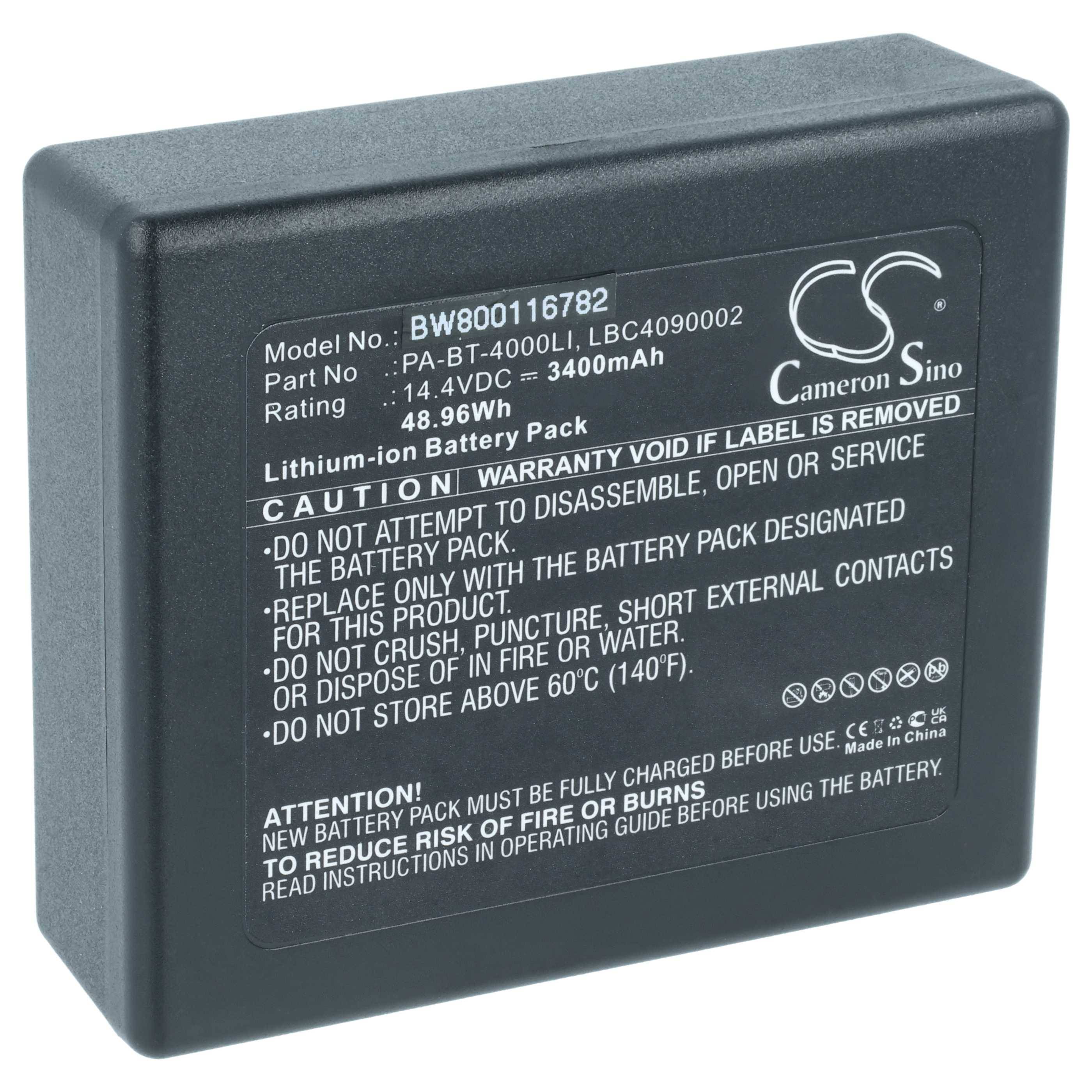Schwarzes Cameron Sino Lithium-Ionen-Akku-Pack mit der Bezeichnung PA-BT-400LI, 14,4V 3400mAh, mit Warn- und Vorsichtstext.