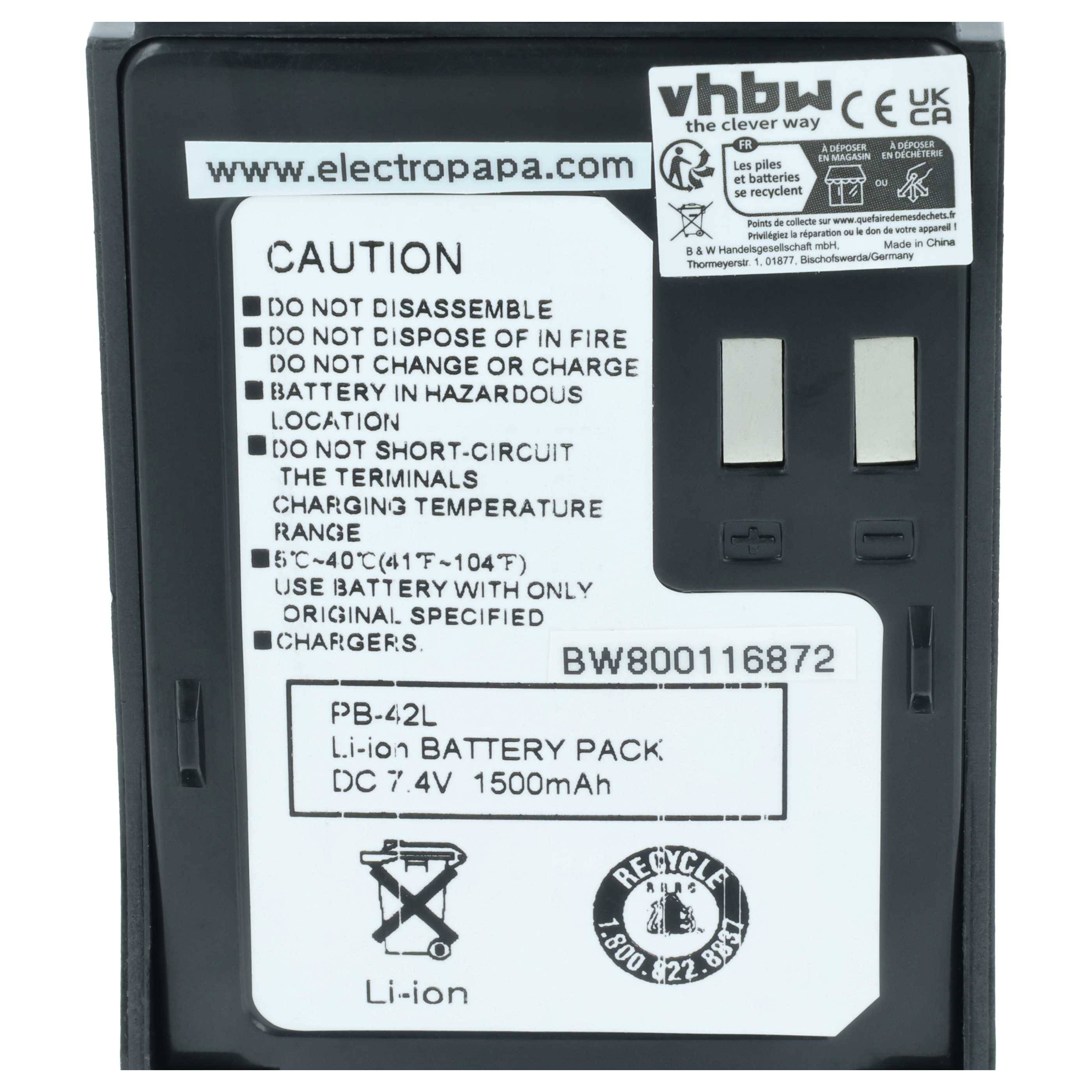 Schwarzes Lithium-Ionen-Akkupack mit Aufkleber "PB-42L"", 7,4V 1500mAh, Warnhinweise und Ladekontakte.
