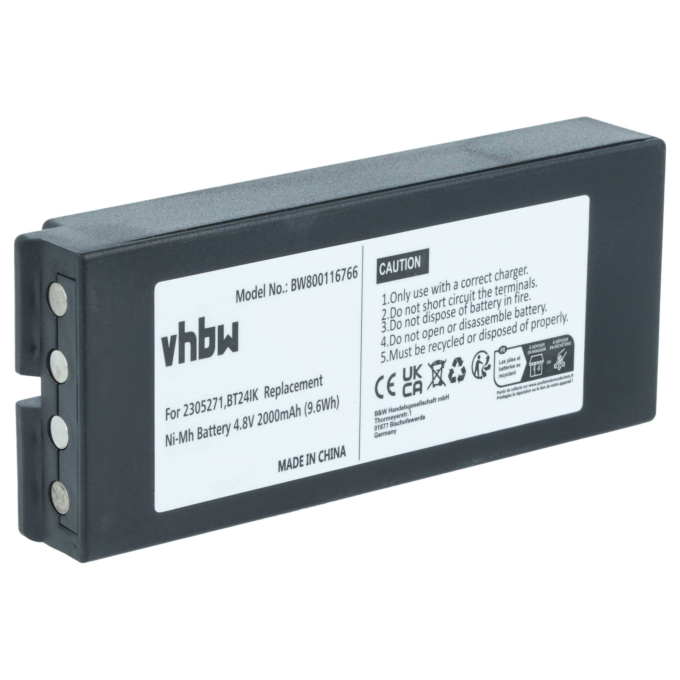 Eine schwarze rechteckige Batterie mit der Bezeichnung 'vhbw', auf der Sicherheits- und Entsorgungshinweise, die Modellnummer BW00116766 und eine Kapazität von 4,8V 2000mAh angegeben sind.