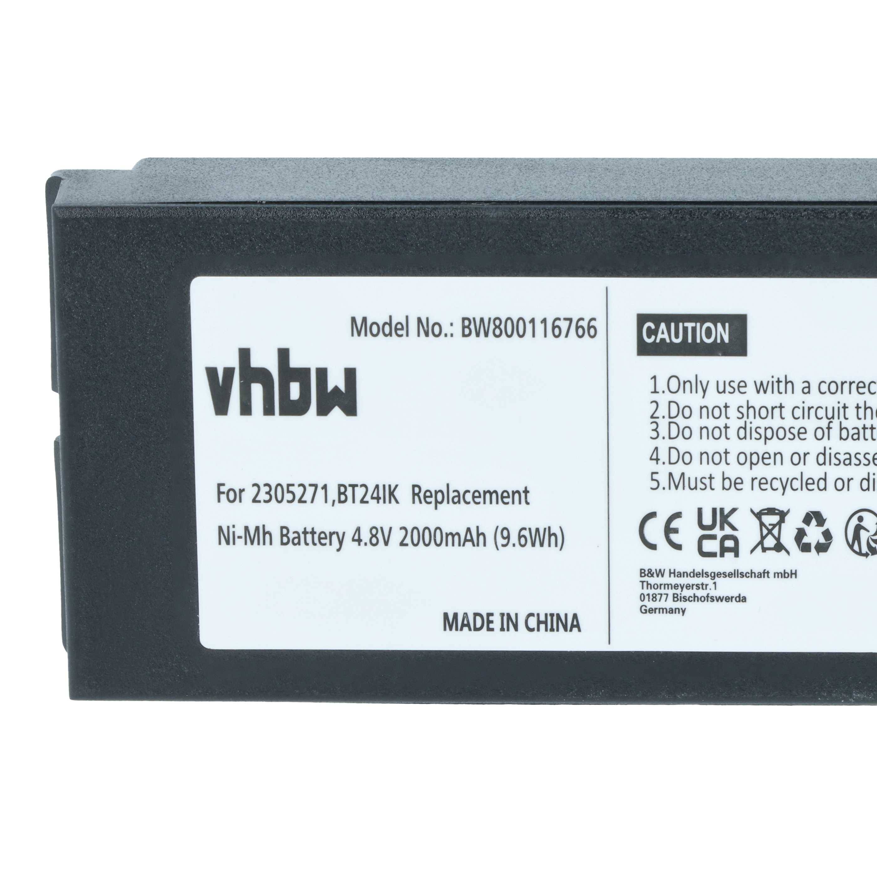 Akku für vhbw Modell BW800116766, 4,8V, 2000mAh. Warnung: Nicht kurzschließen, zerlegen oder ins Feuer werfen. Hergestellt in China.