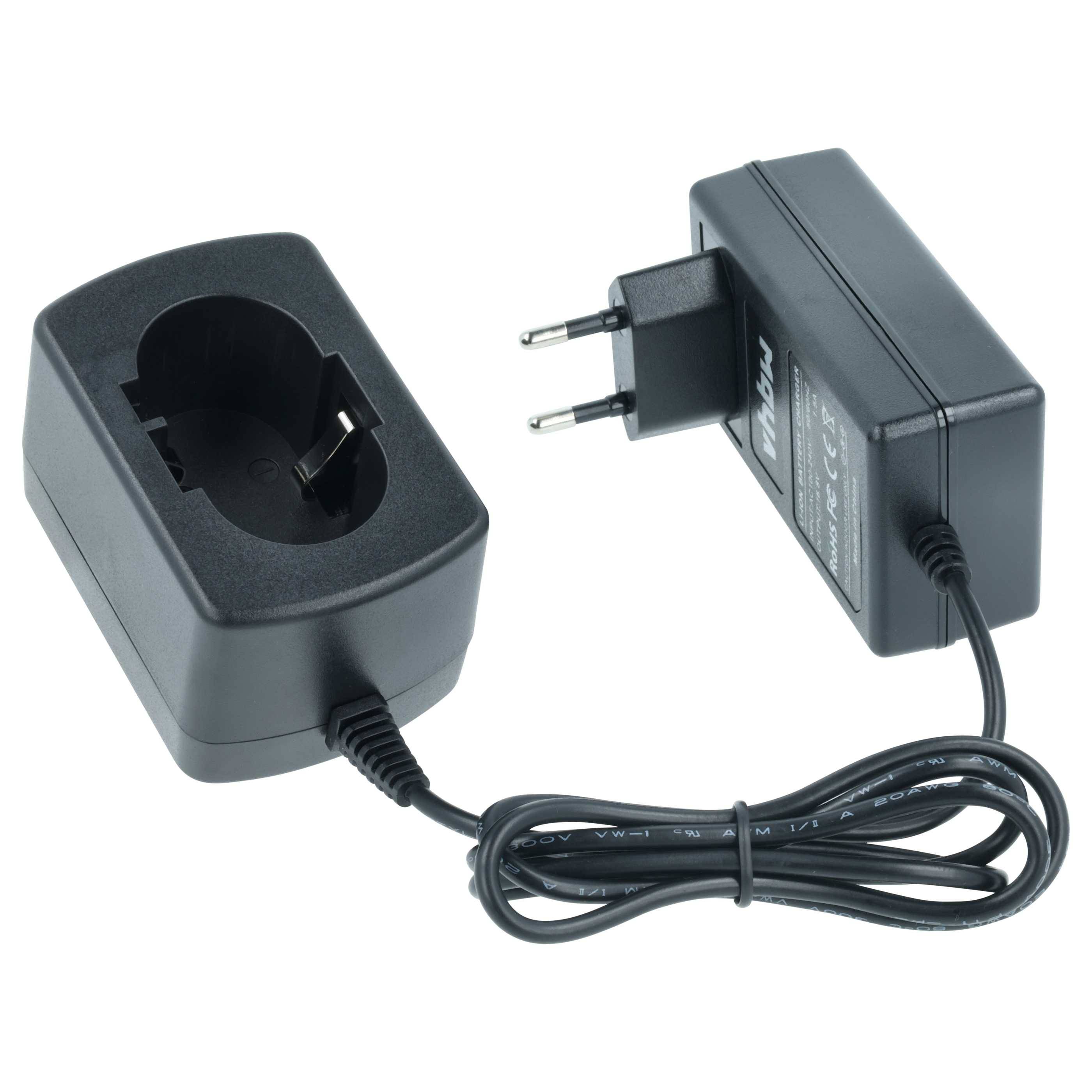Ein schwarzes Netzteil mit einem zweipinnigen Stecker, angeschlossen an eine Ladestation mit einem Schlitz für ein Gerät. Geeignet für elektronische Geräte.