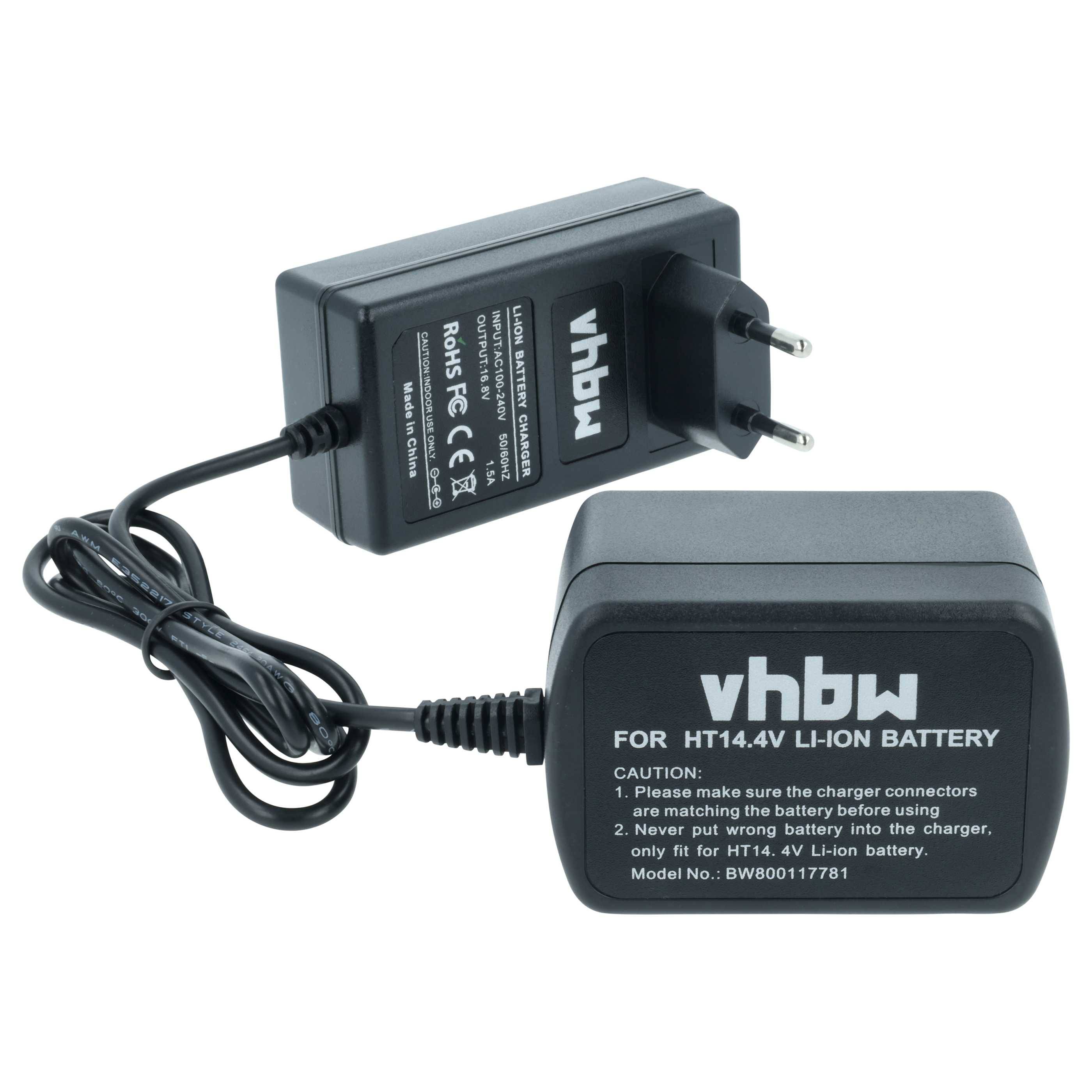 Ein Ladegerät mit der Bezeichnung 'vhbw' für einen 14,4V Lithium-Ionen-Akku, mit dem Hinweis, vor dem Gebrauch die Anschlüsse zu überprüfen. Modellnummer: BW800117781.