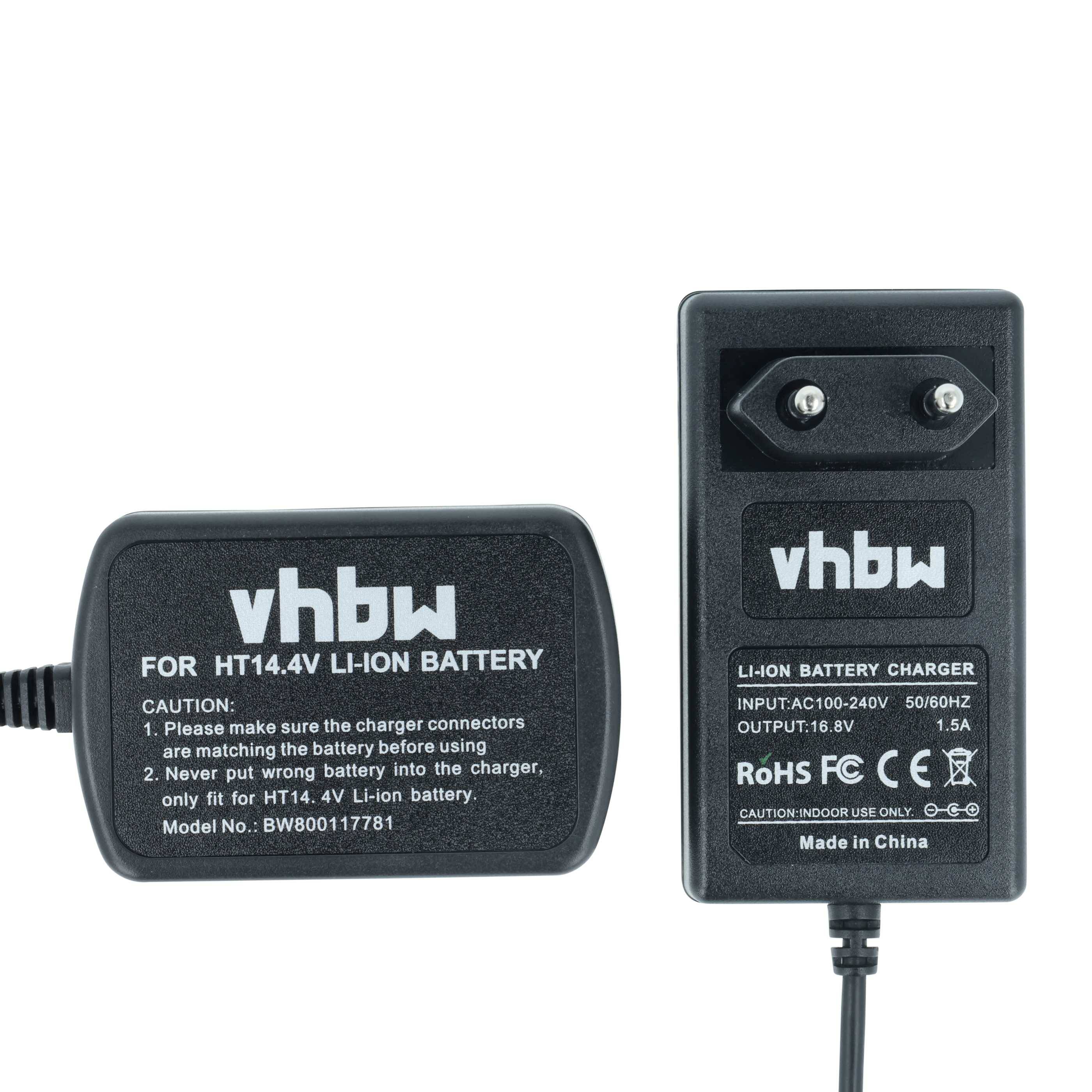 Ladegerät mit Aufschrift: 'vhbw 14,4V Li-Ion Ladegerät', Eingangsspannung 100-240V, Ausgangsspannung 16,8V, 1,5A. Modell: BW80111781.