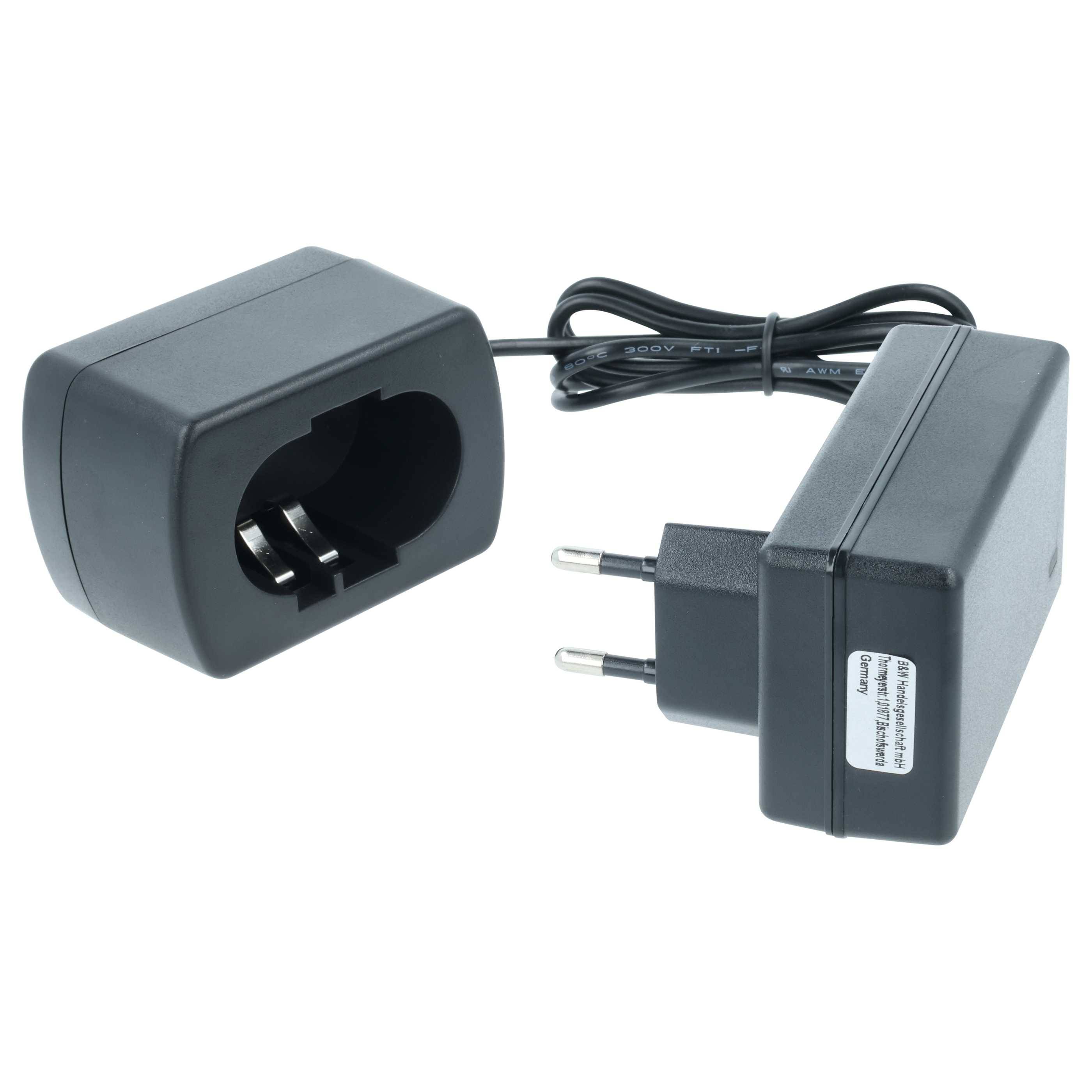 Ein schwarzer, europäischer Steckdosenadapter mit zwei Buchsen und ein Netzteil, das über ein Kabel verbunden ist und auf einer weißen Oberfläche platziert ist.