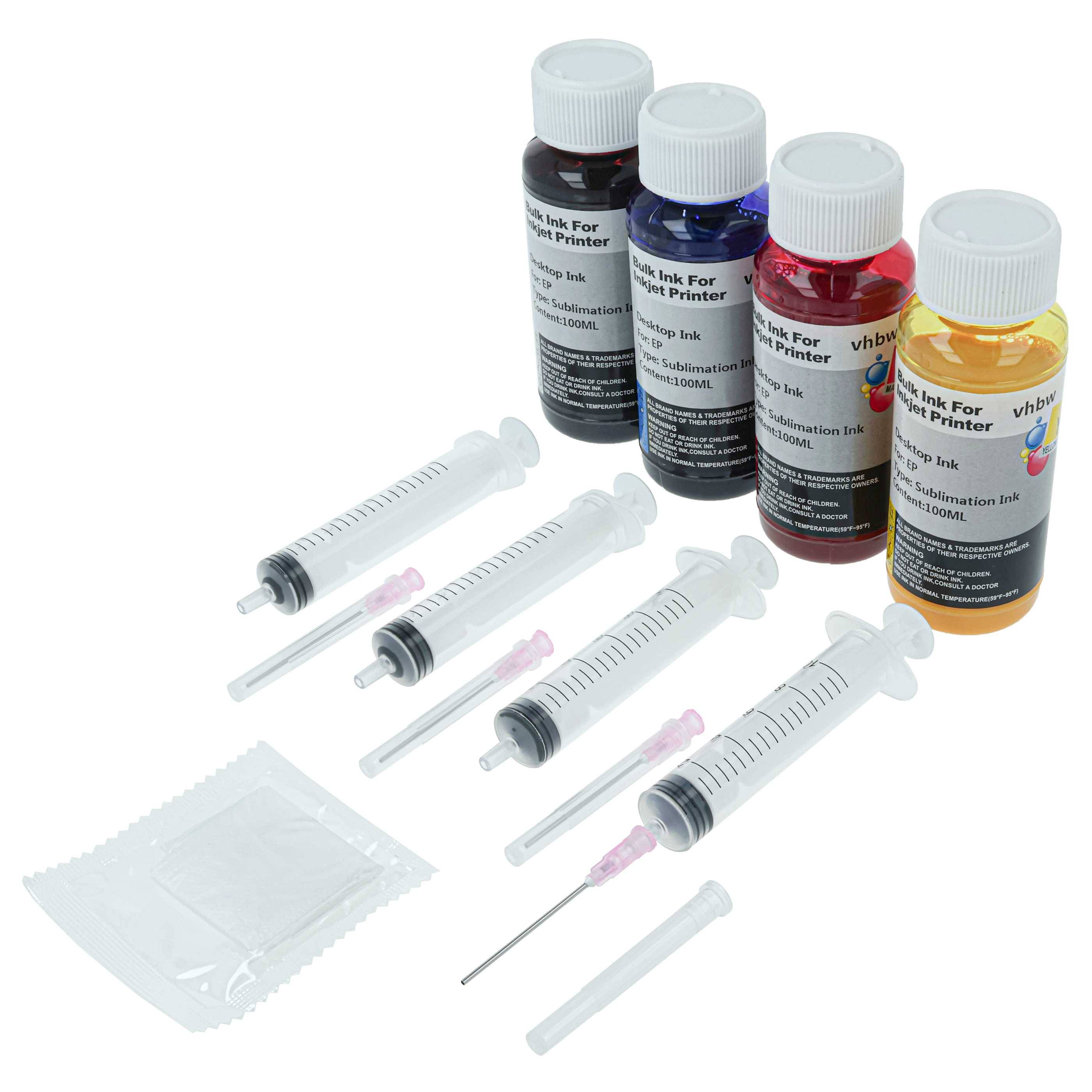 Sublimations-Tintensatz für Drucker; enthält Flaschen in Schwarz, Blau, Rot und Gelb, Spritzen zum Befüllen und ein Reinigungstuch.