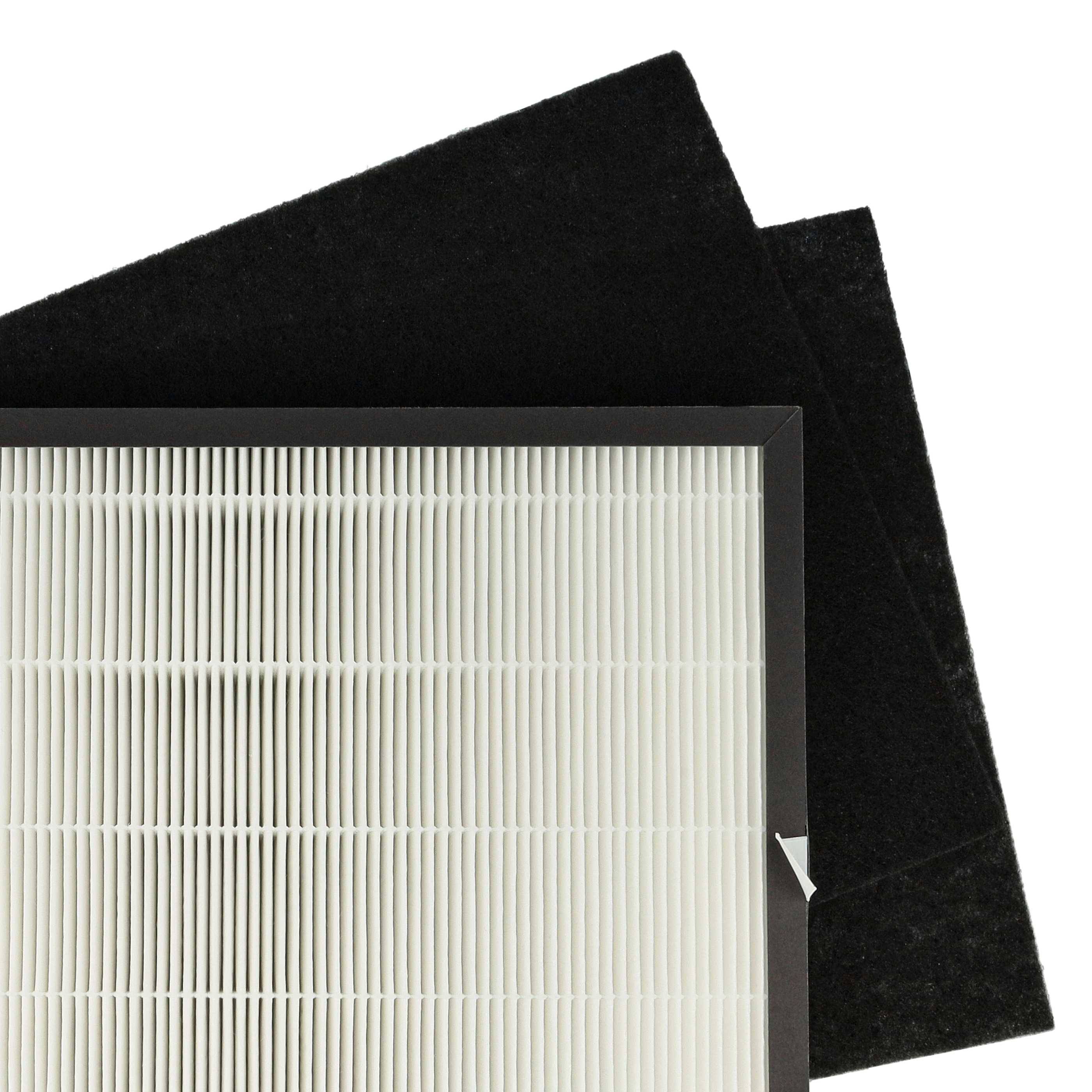 Weißer Luftreiniger-Filter vor einem schwarzen Aktivkohlefilter, der Luftfiltrationskomponenten veranschaulicht.