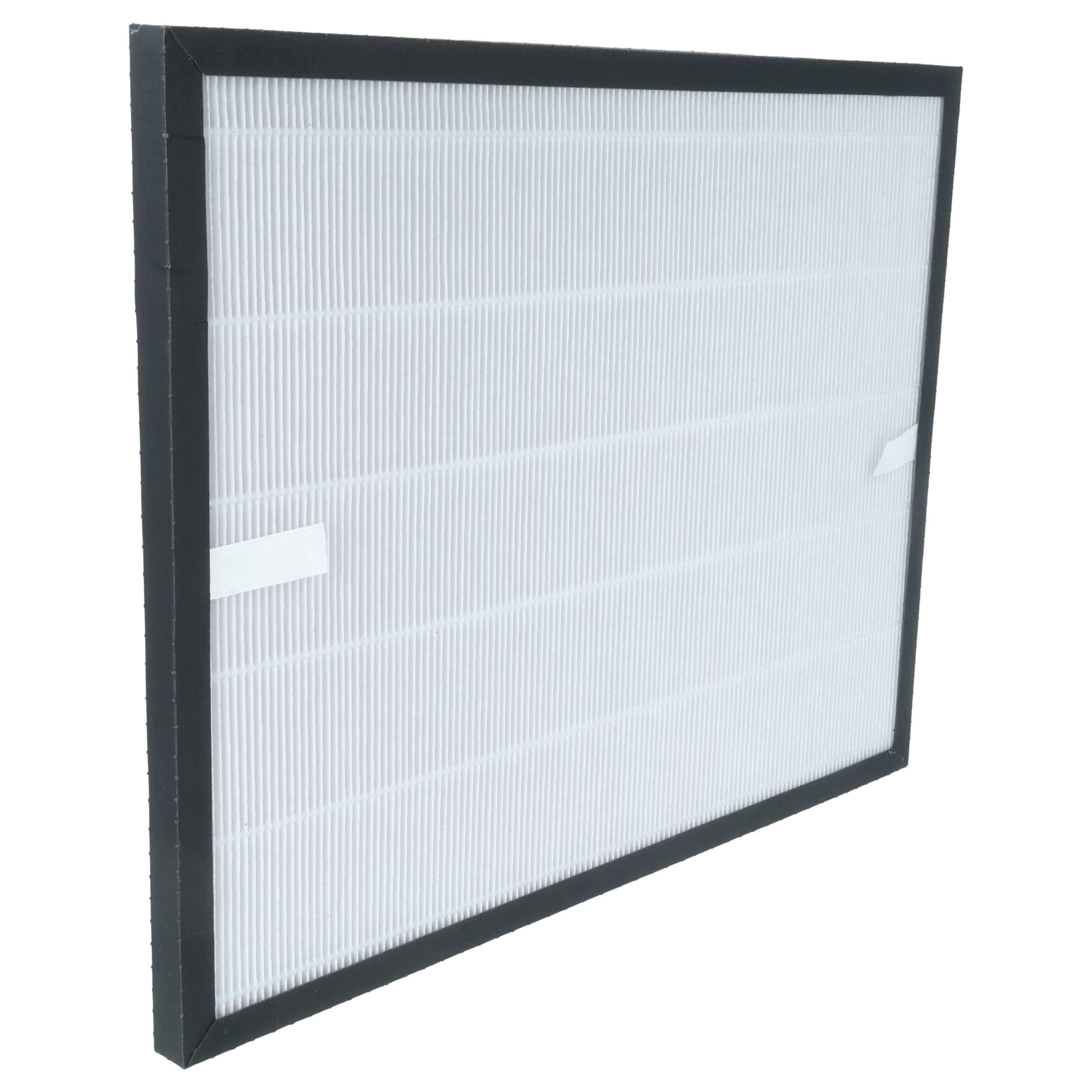 Ein rechteckiger Luftfilter mit einem schwarzen Rahmen und weißem gefalteten Papier wird gezeigt, der zur Luftreinigung in Luftreinigern oder HVAC-Systemen verwendet wird.