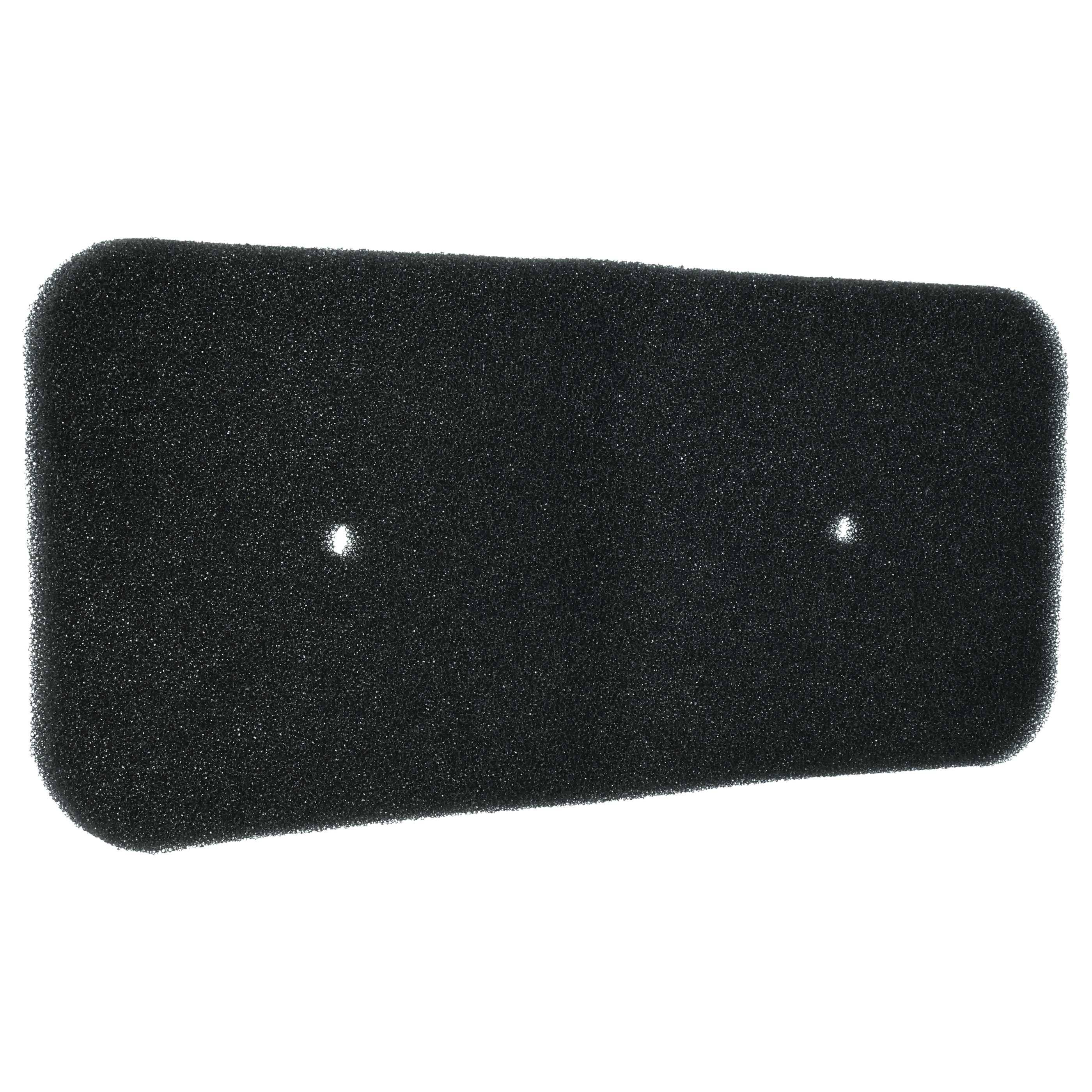 Ein schwarzer, rechteckiger Schaumstofffilter mit zwei kleinen Löchern, möglicherweise für Luft- oder Wasserfiltration verwendet.