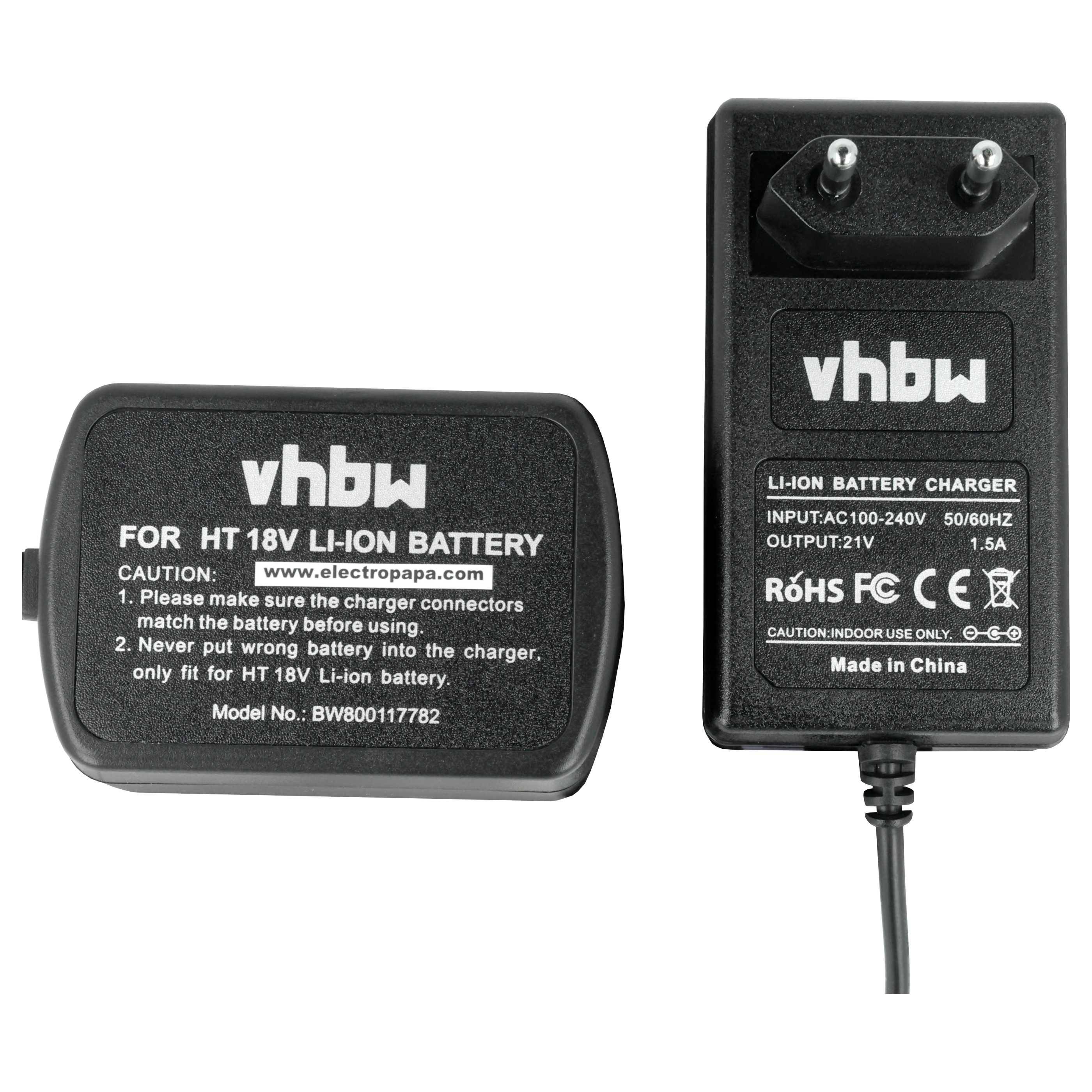 vhbw Ladegerät kompatibel mit Hitachi KC 18DA, RB 18DL, RB 18DLP4, UB 18D, UB 18DL, UB18DLC, WH18DFL, WH 18DL, WH18DLP4 Werkzeug Akkus