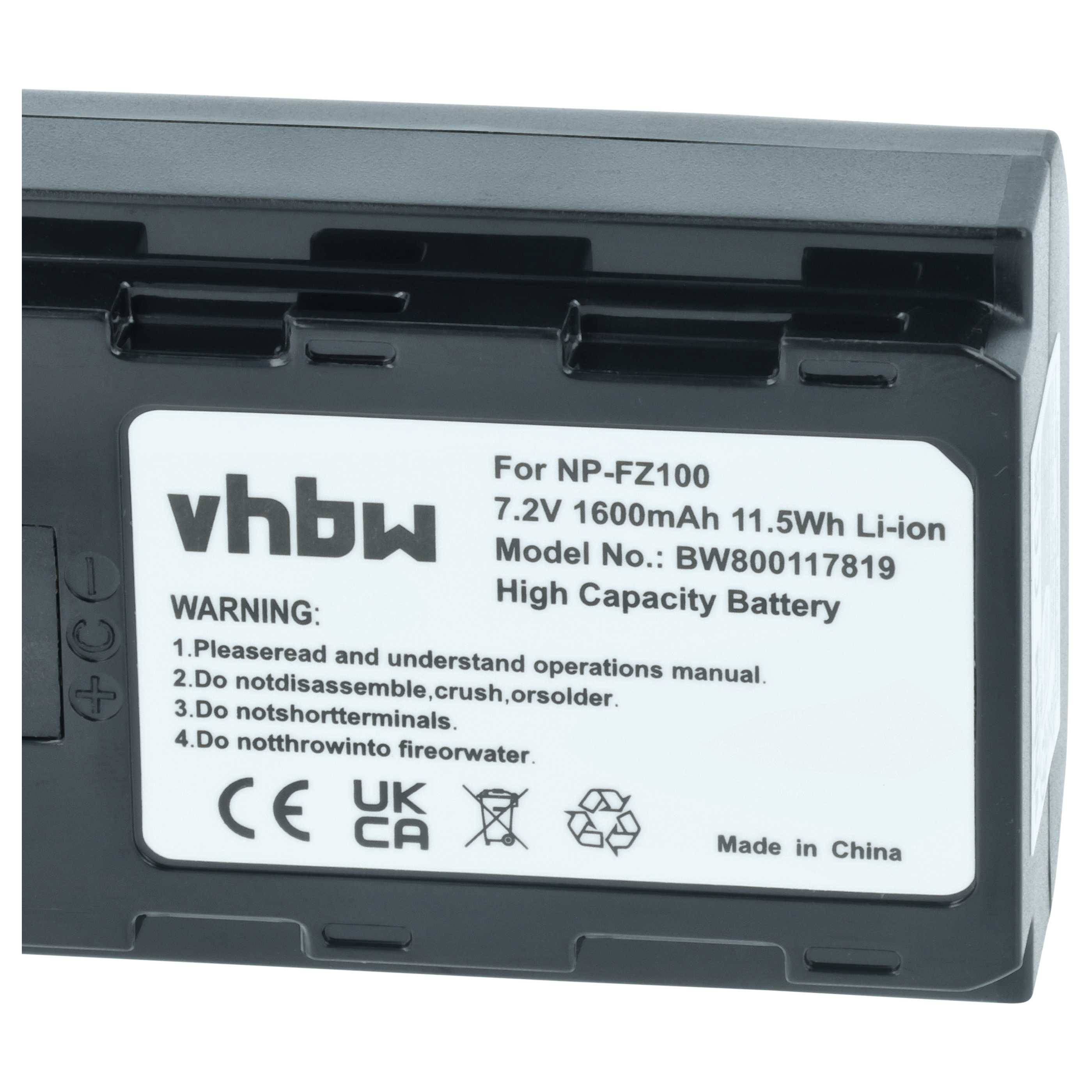 Nahaufnahme eines vhbw NP-FZ100 wiederaufladbaren Kamerabatterieakku, gekennzeichnet mit 7,2V 1600mAh 11,5Wh Li-ion hohe Kapazität.
