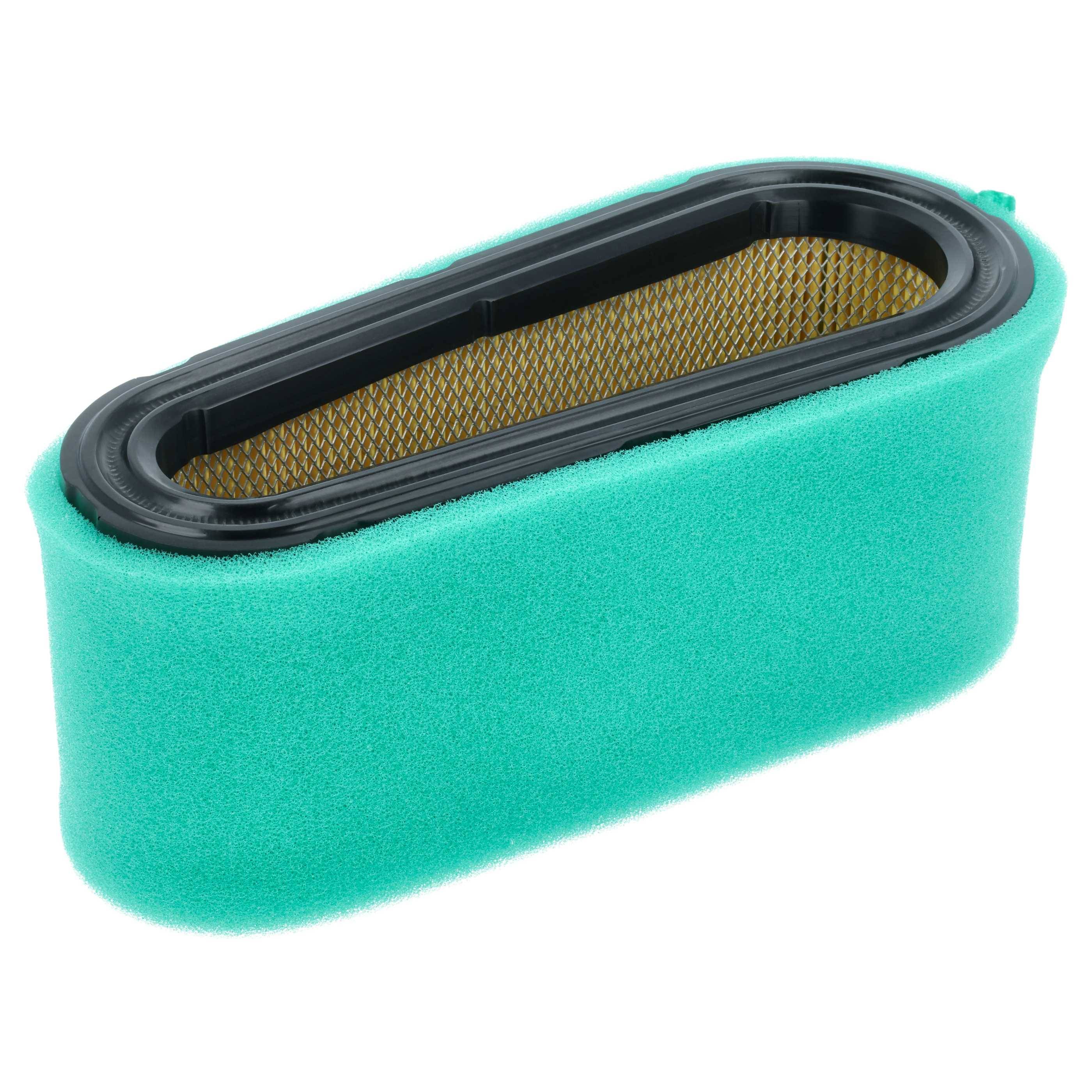 Ein ovales grünes Schaumluftfilter mit einem zentralen schwarzen Kunststoffgehäuse, das ein gelbes Maschengitter enthält. Geeignet für kleine Motoren oder Maschinen.