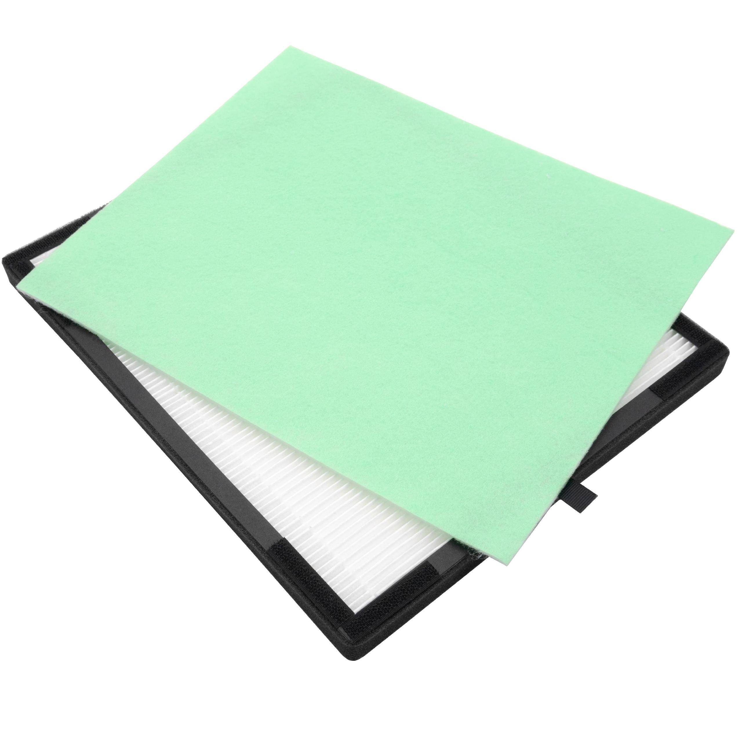 Ein Luftfilter mit einem grünen Blatt und einem weiß gefalteten Abschnitt, entwickelt zur Luftreinigung, typischerweise in HLK-Systemen verwendet.