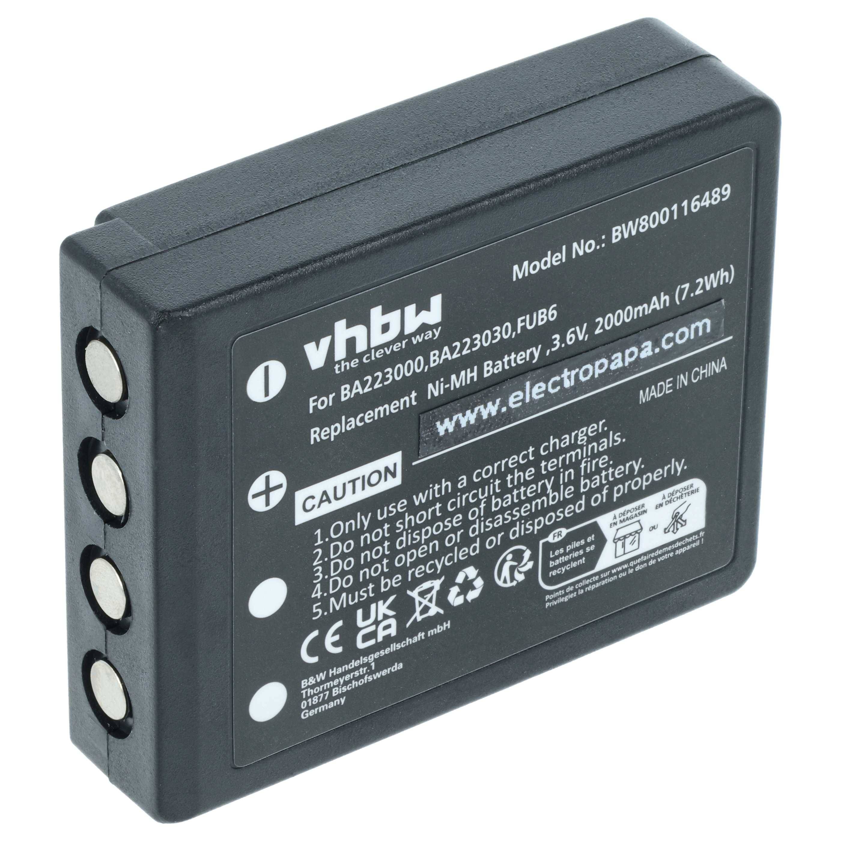 Akkupack mit der Bezeichnung 'vhbw' für Barcode-Scanner, Modellnummer BW800116489, Ni-MH, 3,6V, 2000mAh (7,2Wh), mit Vorsichtshinweisen.