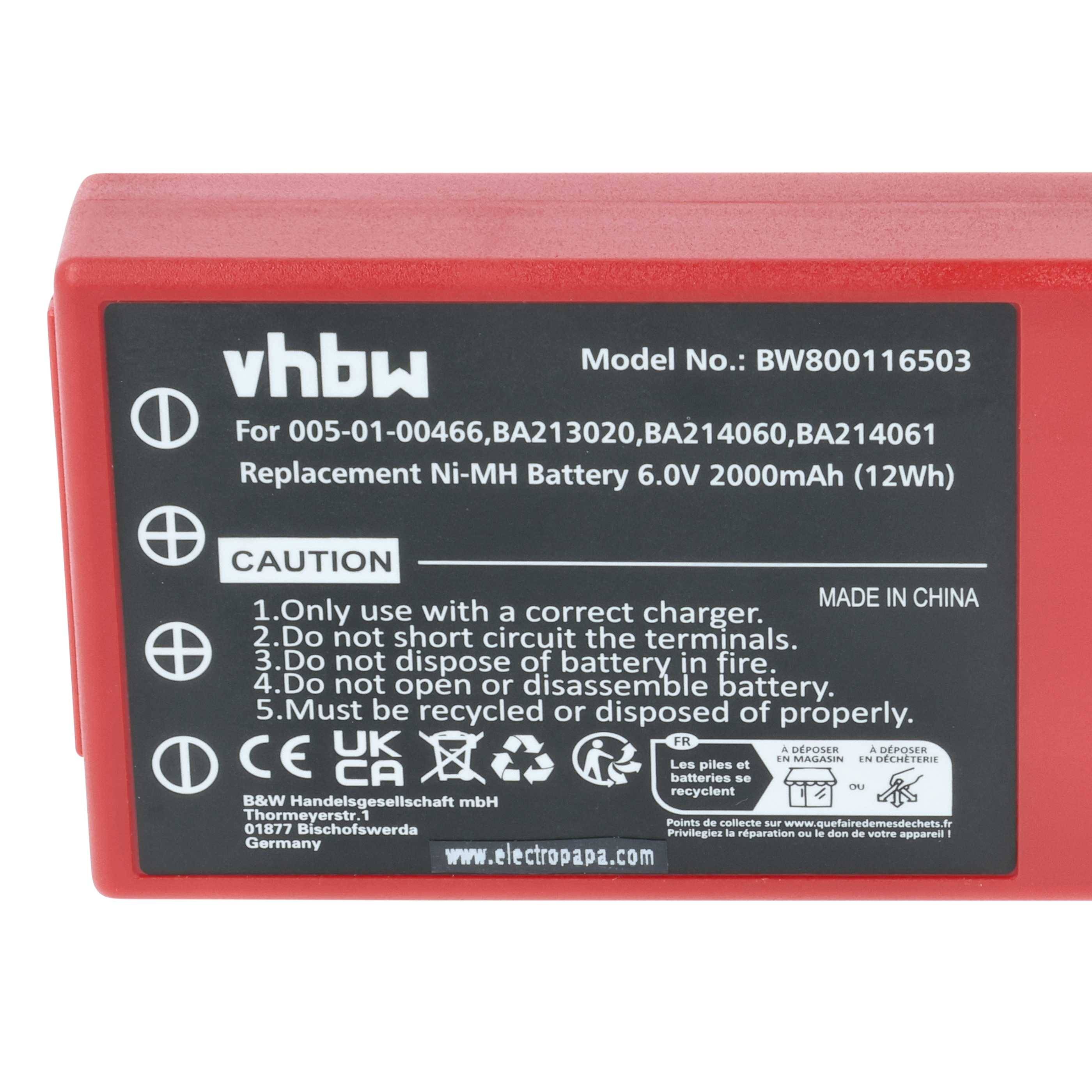 Batterie-Etikett mit Modellnummer 'BW800116503', kompatibel mit BA213020 Batterien, 6V 2100mAh (12Wh). Enthält Warnhinweise.