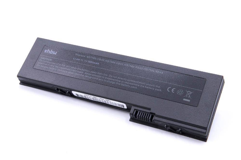 Schwarze rechteckige wiederaufladbare Laptop-Batterie mit Anschluss und Etikett auf weißem Hintergrund.