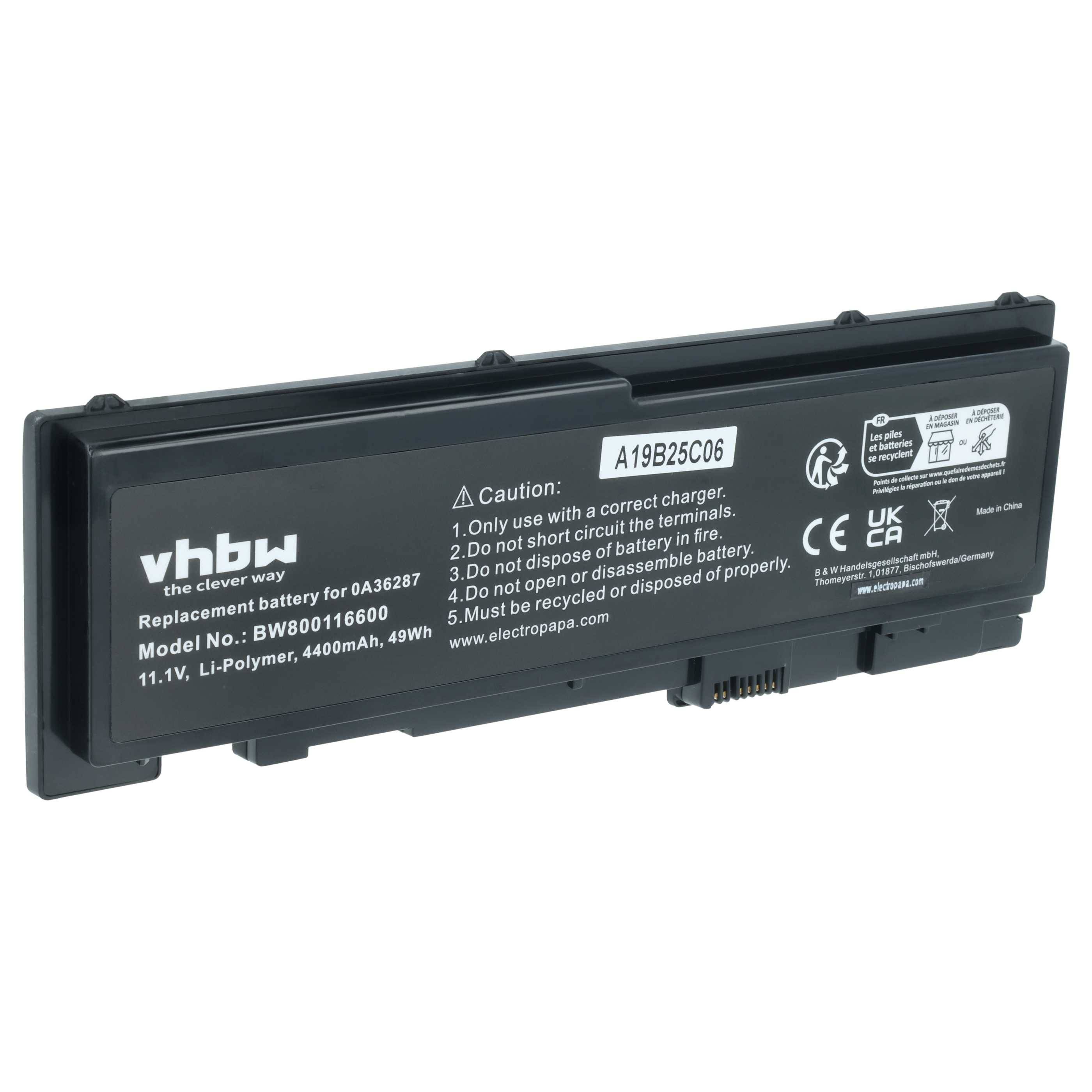 Ein schwarzer Laptop-Akku der Marke 'vhbw', Modell 'BW400116600', 11,1V, 4400mAh, 49Wh. Er enthält Warnhinweise und Recyclinganweisungen.