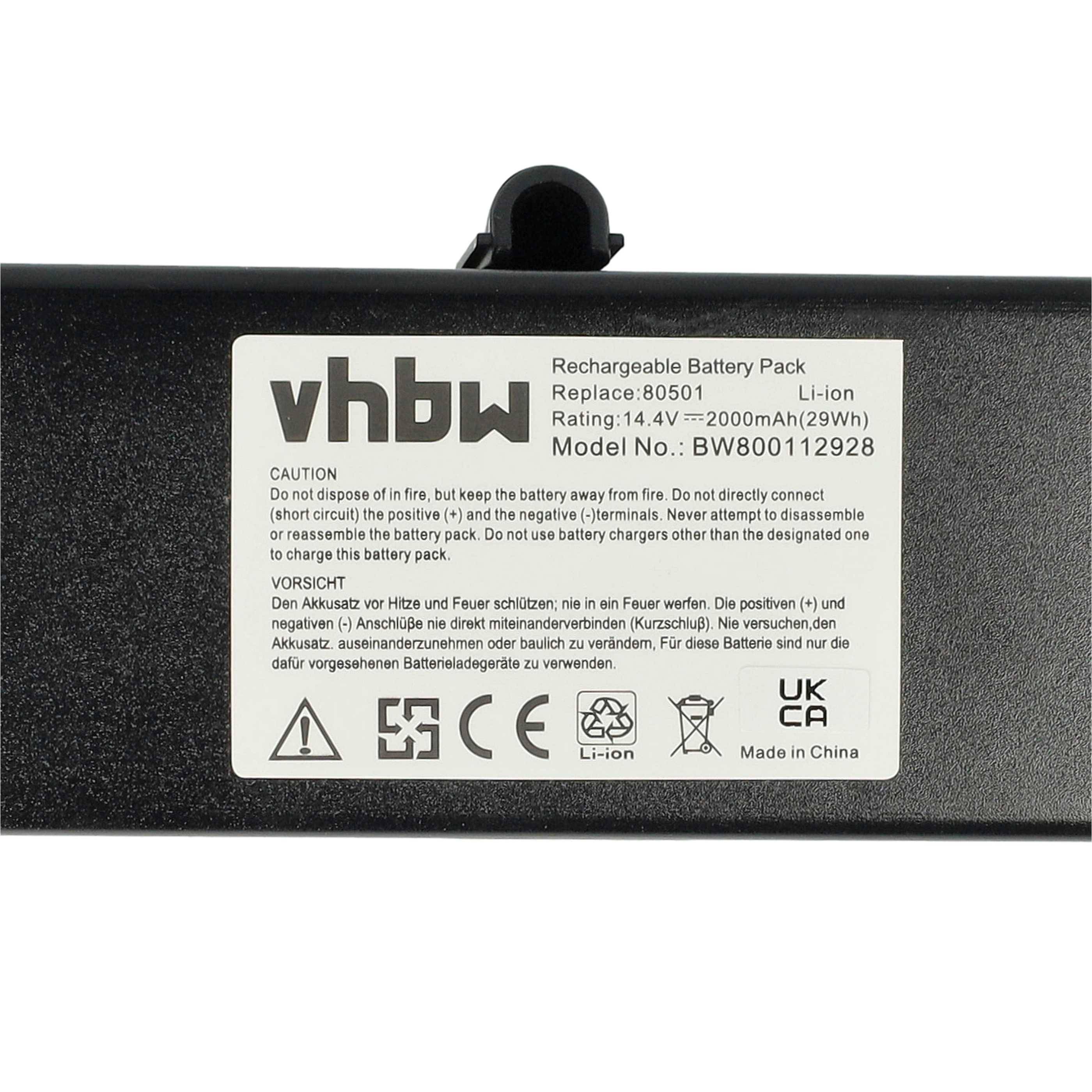 vhbw Akku-Pack-Etikett mit Angabe 14,4V 2000mAh Li-Ionen Modell BW800112928 und Sicherheitswarnungen