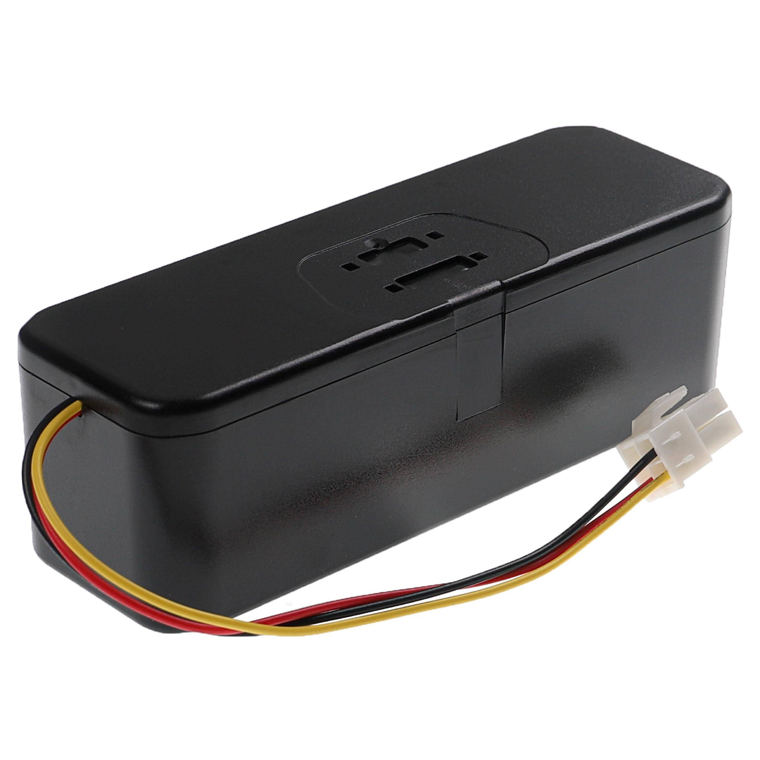 Schwarzes rechteckiges Batteriepack mit einem oberen Montageslot und angebrachten roten, gelben und schwarzen Drähten, die in einem weißen Stecker enden.