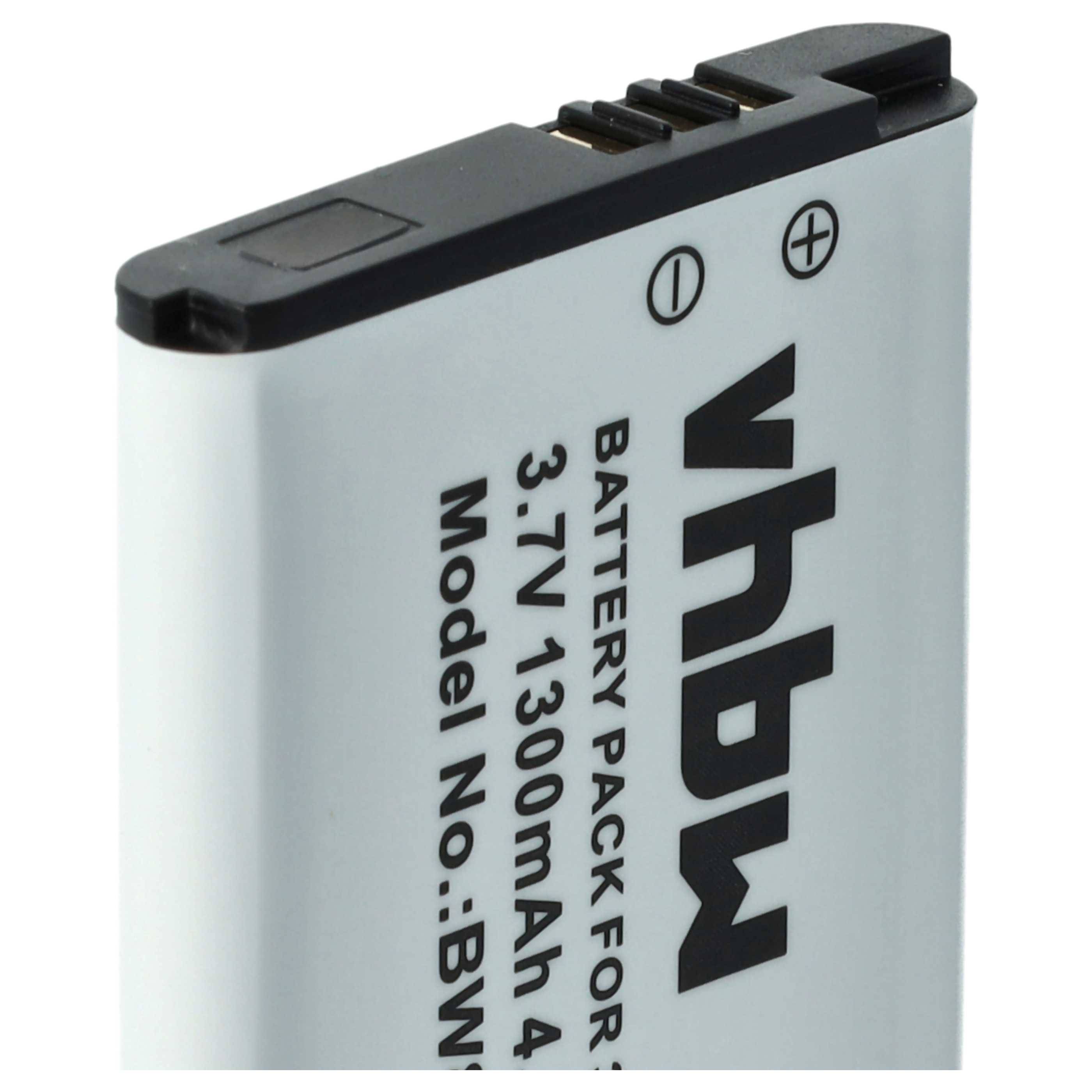 Nahaufnahme eines wiederaufladbaren Akkupacks mit der Bezeichnung „vhbw", 3,7V 1300mAh, mit sichtbaren positiven und negativen Anschlüssen.