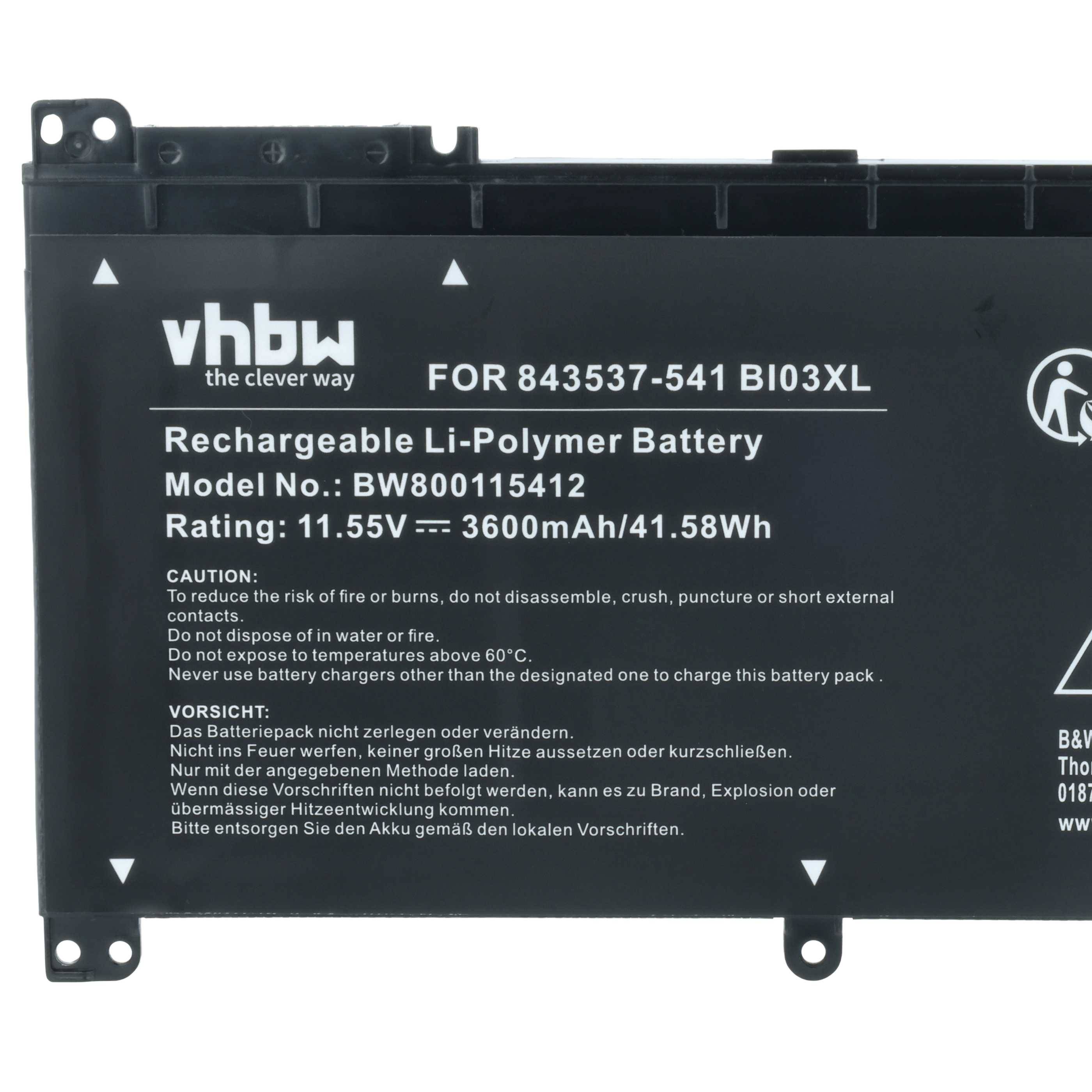 Wiederaufladbare Li-Polymer-Batterie, Modell BW800115412, bewertet mit 11,55V, 3600mAh/41,58Wh. Schwarzes Gehäuse mit aufgedruckten Vorsichtshinweisen.