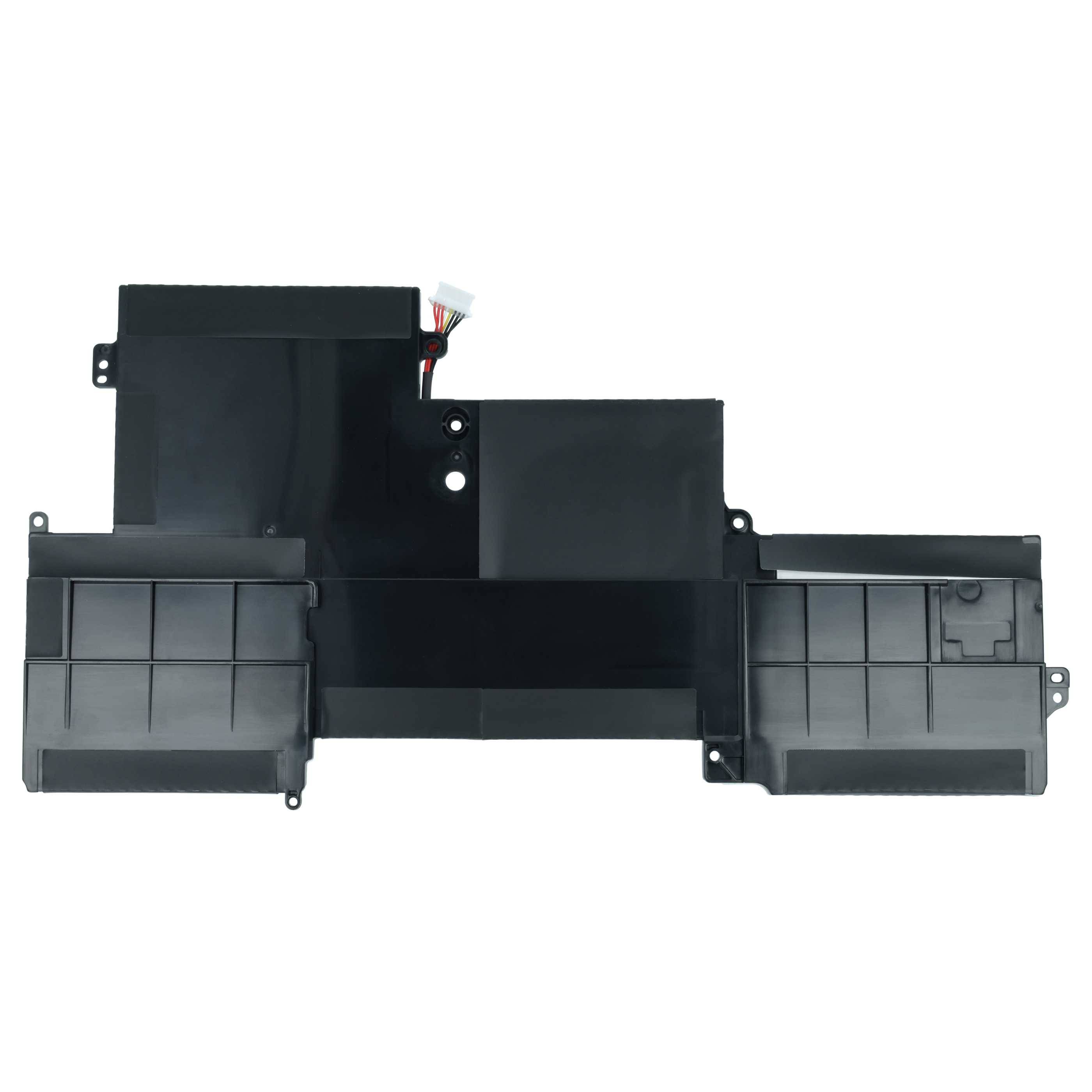 Ein schwarzer Laptop-Akku mit rechteckiger Form, mit mehreren Zellen und einem Stecker mit roten und schwarzen Drähten oben.