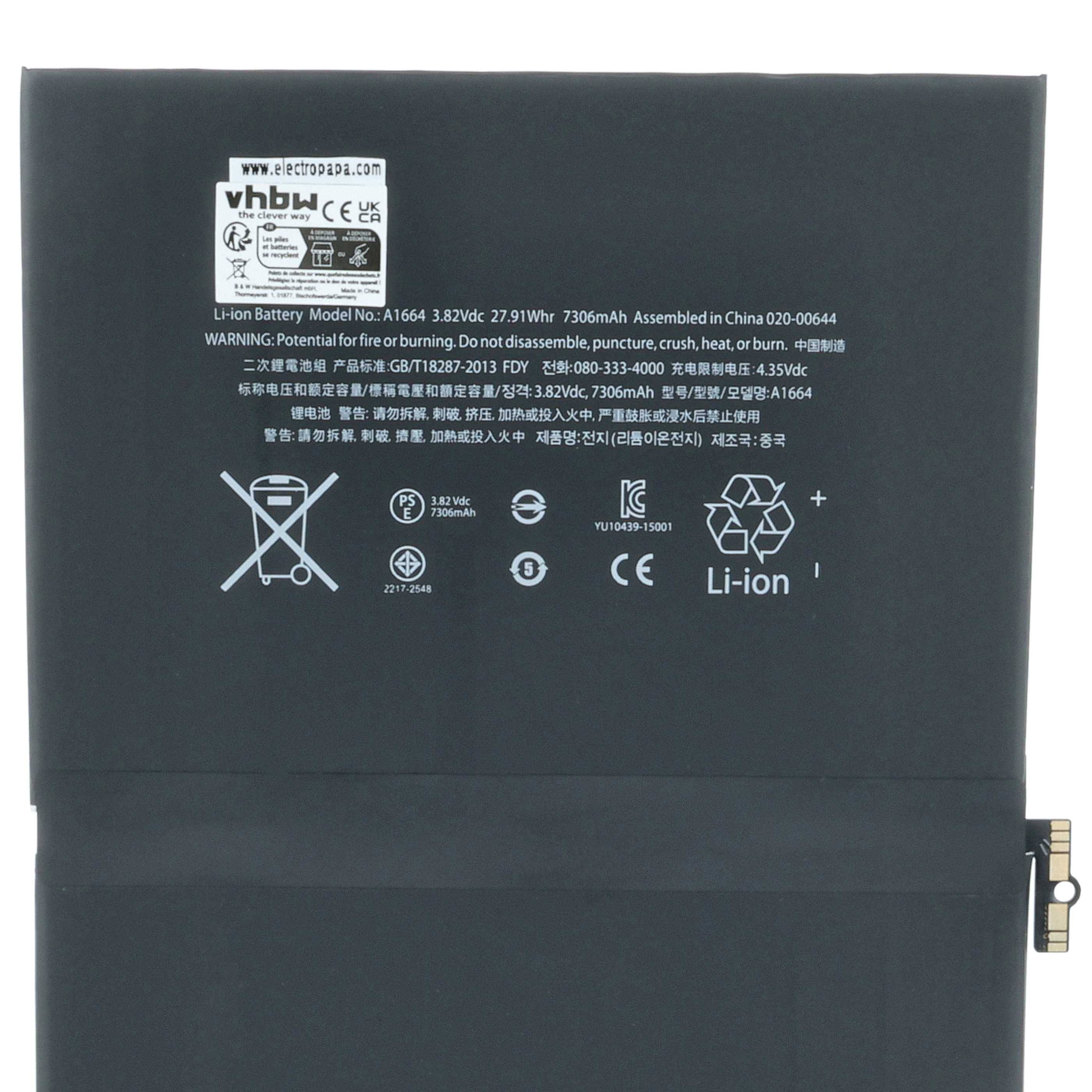 Li-Ionen-Akku, 7,3V, 3700mAh. Warnung: Potentielles Brandrisiko bei Beschädigung. Nicht zerlegen oder Hitze aussetzen. Hergestellt in China.