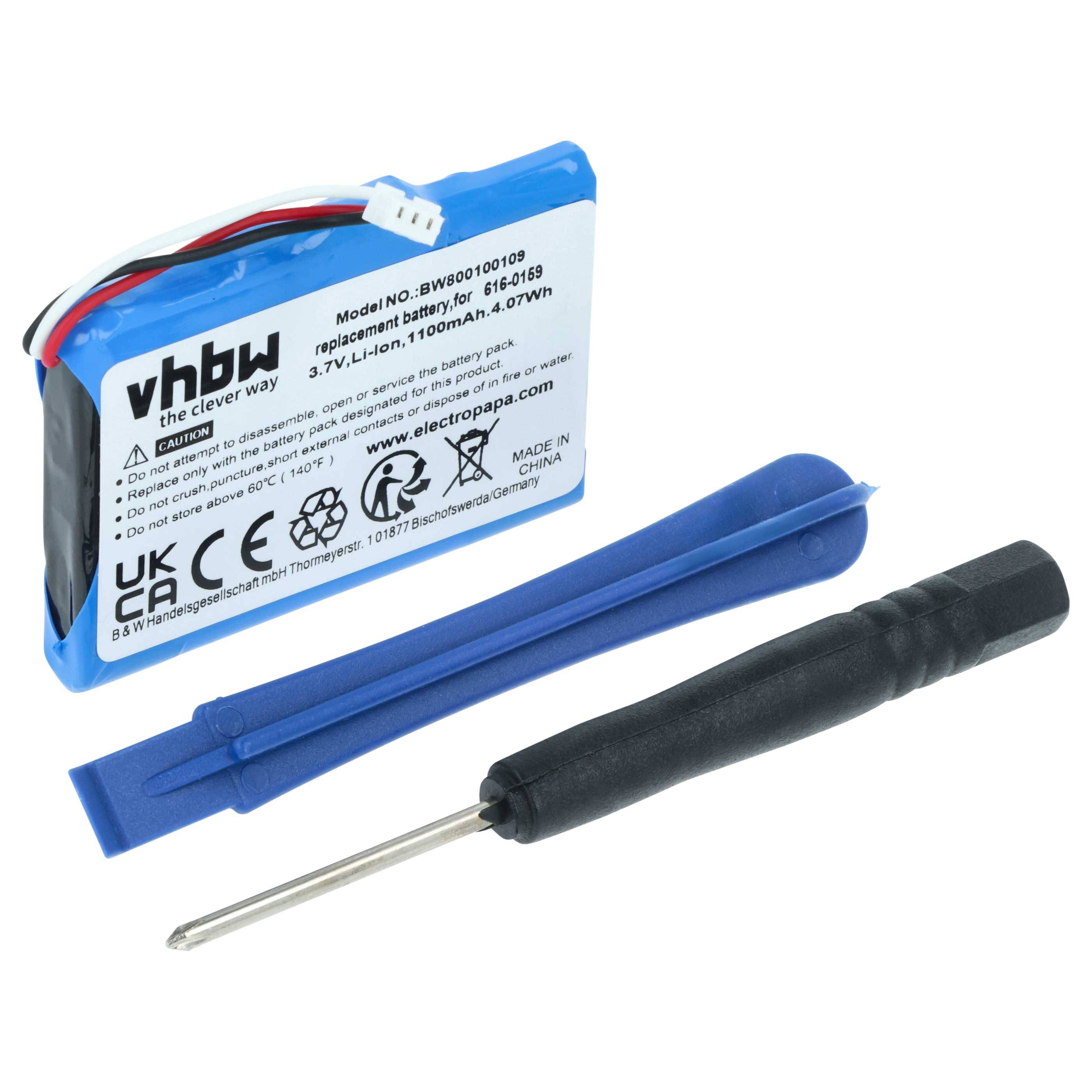 Das 'vhbw' Batteriekit enthält einen Ersatzakku für ein Gerät, zwei blaue Kunststoff-Öffnungswerkzeuge und einen schwarzen Schraubendreher.