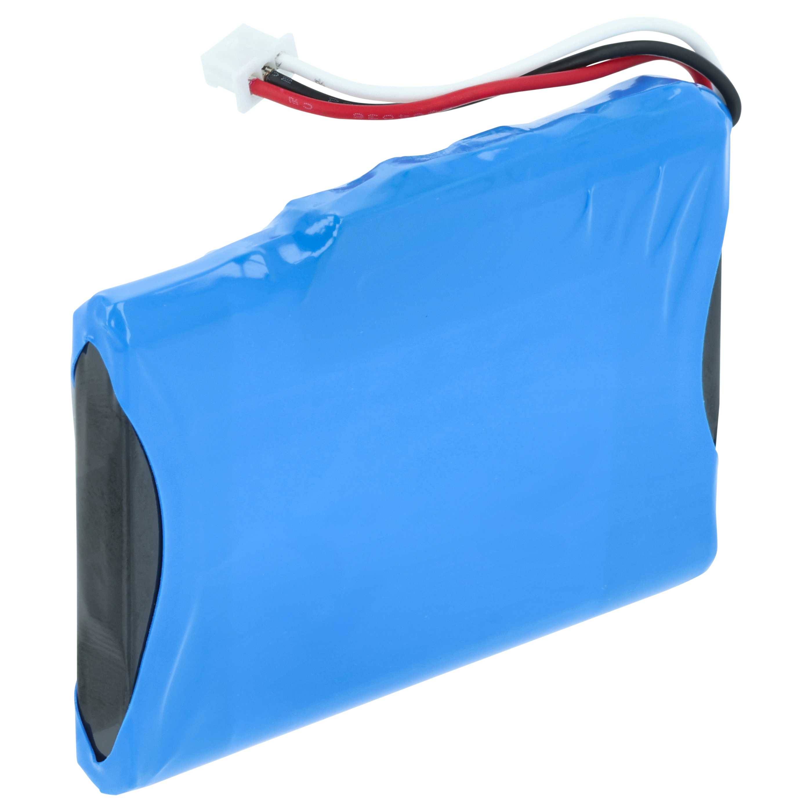 Ein rechteckiger blauer Lithium-Ionen-Akkupack mit roten, schwarzen und weißen Kabeln, die von einem Ende abstehen, verwendet für elektronische Geräte.