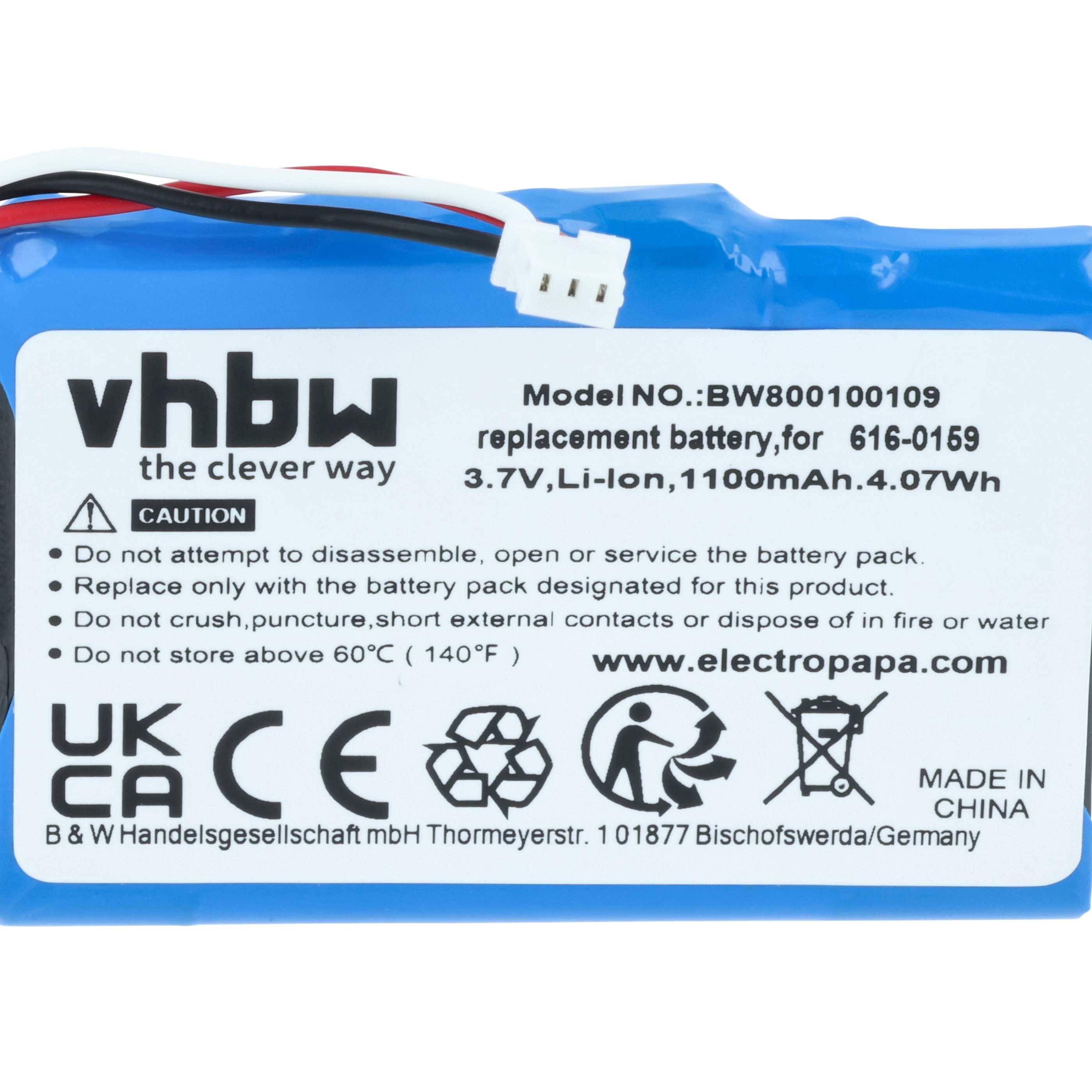 Lithium-Ionen-Akkuetikett mit Aufdruck 'vhbw', Modell 'BW800100109', 3,7V, 1100mAh. Enthält Sicherheitssymbole und Bedienungshinweise.