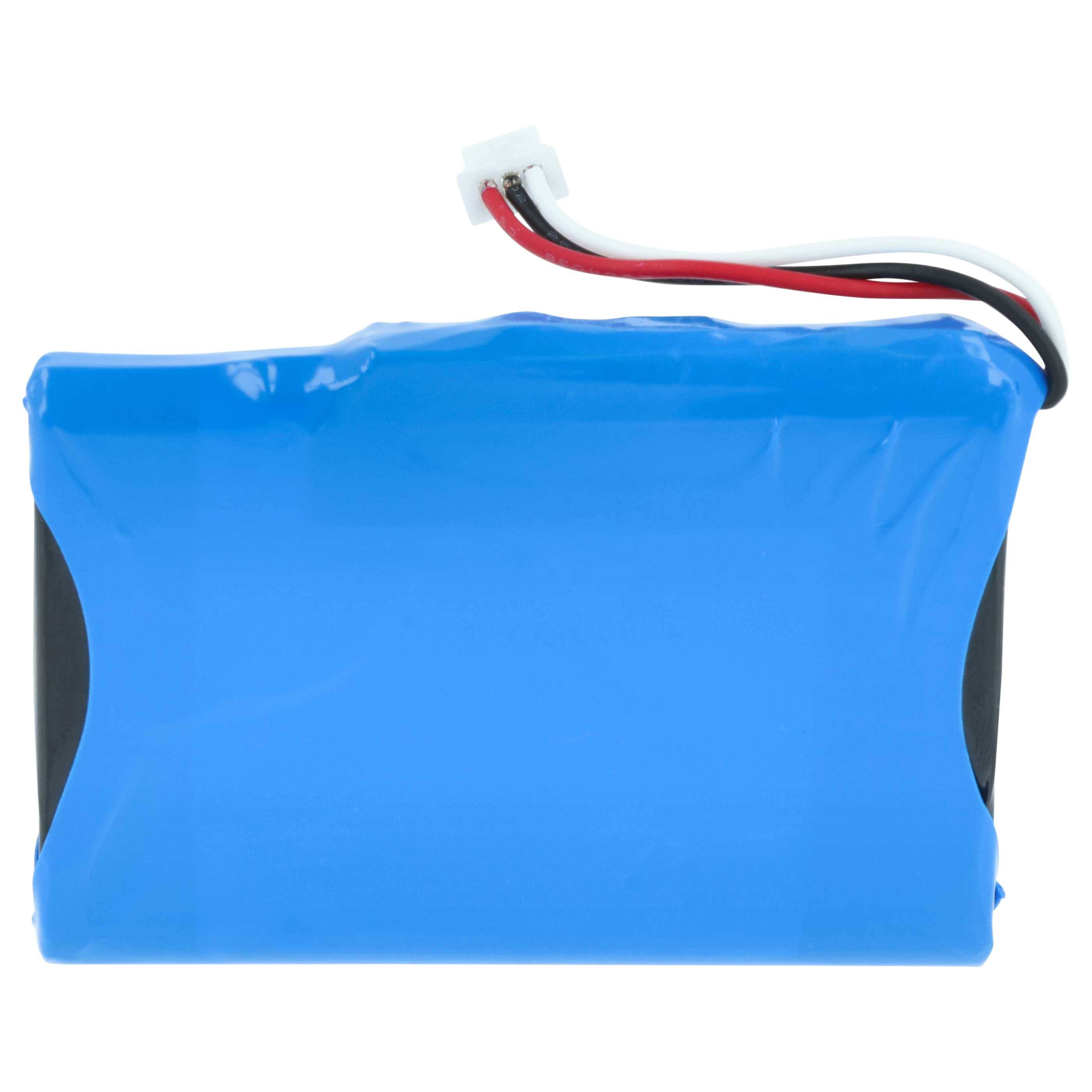 Ein rechteckiger blauer Akkupack mit roten, schwarzen und weißen Kabeln, die von der Oberseite herausragen, vor einem einfarbigen weißen Hintergrund abgebildet.
