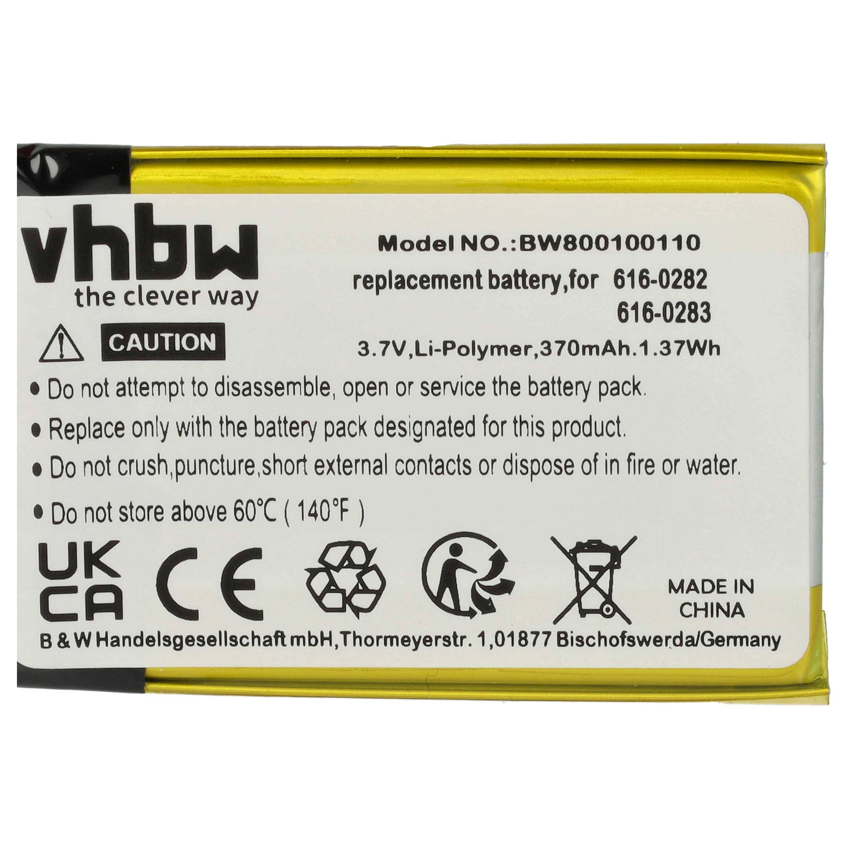 VHBW Ersatz-Lithium-Polymer-Akkupack-Etikett, 3,7V 370mAh, mit Vorsichtswarnungen, Modellnummer und Recycling-Symbolen.